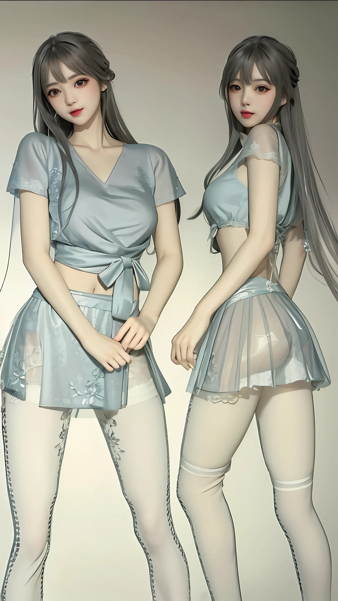 超高分辨率、realisticlying、Two women in short skirts and tight stockings,Transparent lace dress,Underwear is clearly visible,White transparent stockings,Looming panties,Sexy and charming face,It's addictive,Super sexy lingerie,The charm remains!
