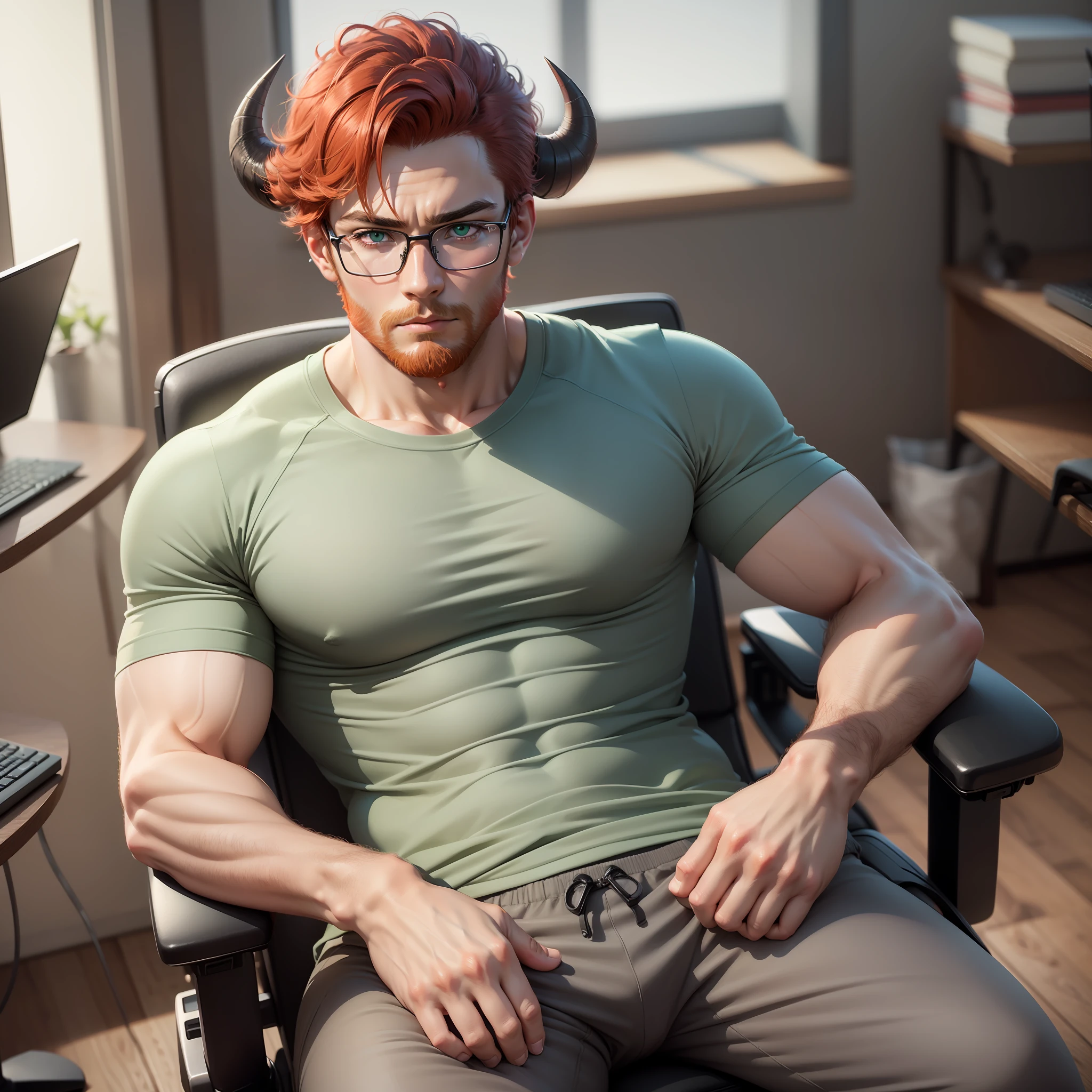 Handsome male, short red hair, red beard, sitting on gaming chair, expressionless, wearing glasses, detailed body, big bulge in pants, grey sweatpants, black Tshirt, nightfall, green eyes, detailed hands, horns