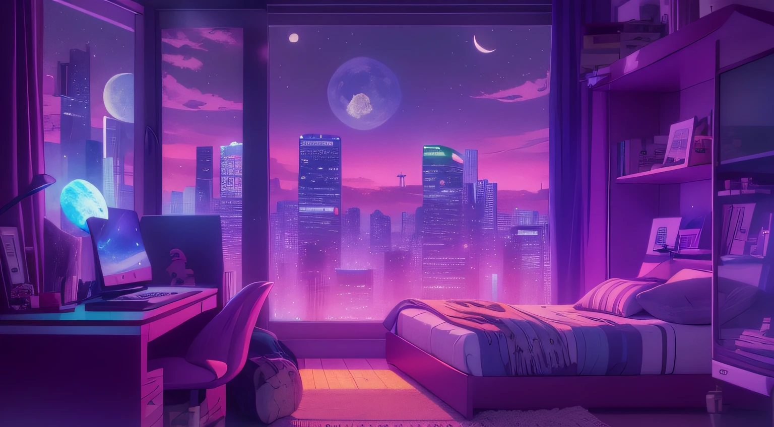 paisagem noturna no estilo lofi, personagem deitado na cama ouvindo musica, um quarto gamer neons, peleta nas cores lilas e ciano, with a window with the view of a cyberpunk city with the moon in the background