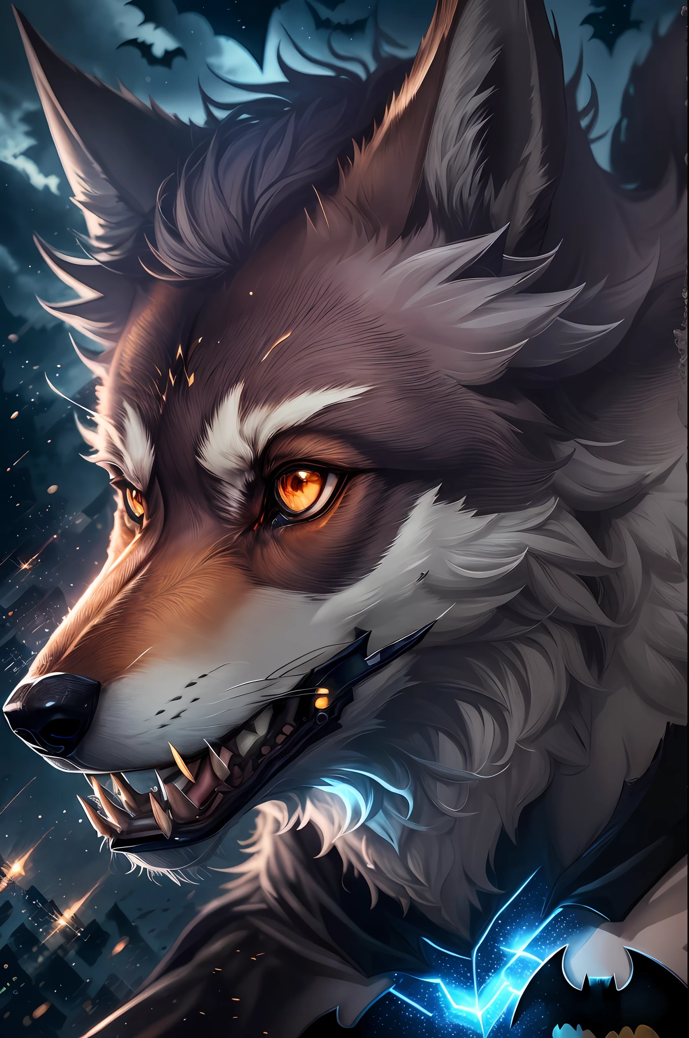 masterpiece, best quality, ultra detailed, wallpaper, big wolf in the body of human, wolf head, claws, fang, Batman suit --auto --s2