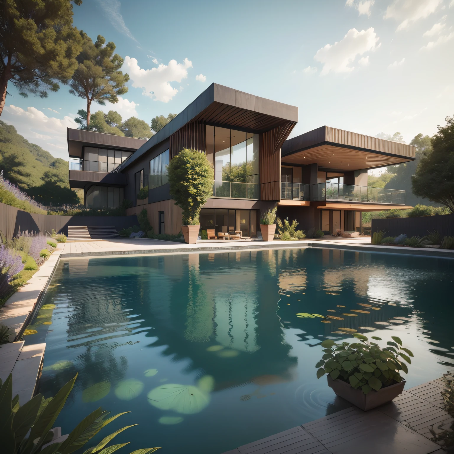 Organic modern architecture on a fairly large plot, from , there is a swimming pool in the middle of a large house of a flower, color of the house in chocolate brown and black beams, large modern residence, flat roofs and garden, render luxcore, render oktane, a photorealistic rendering, architectural rendering, mantra rendering, architectural rendering, realistic rendering, architectural visualization, wellness pool,  Architectural visualization, large green zones, with small zones of lavender flowers, green shrubs type lush green garden, as well as small water mirrors, swimming pool embedded in an area of sand, olive and pine trees around the house, paddle court next to the house