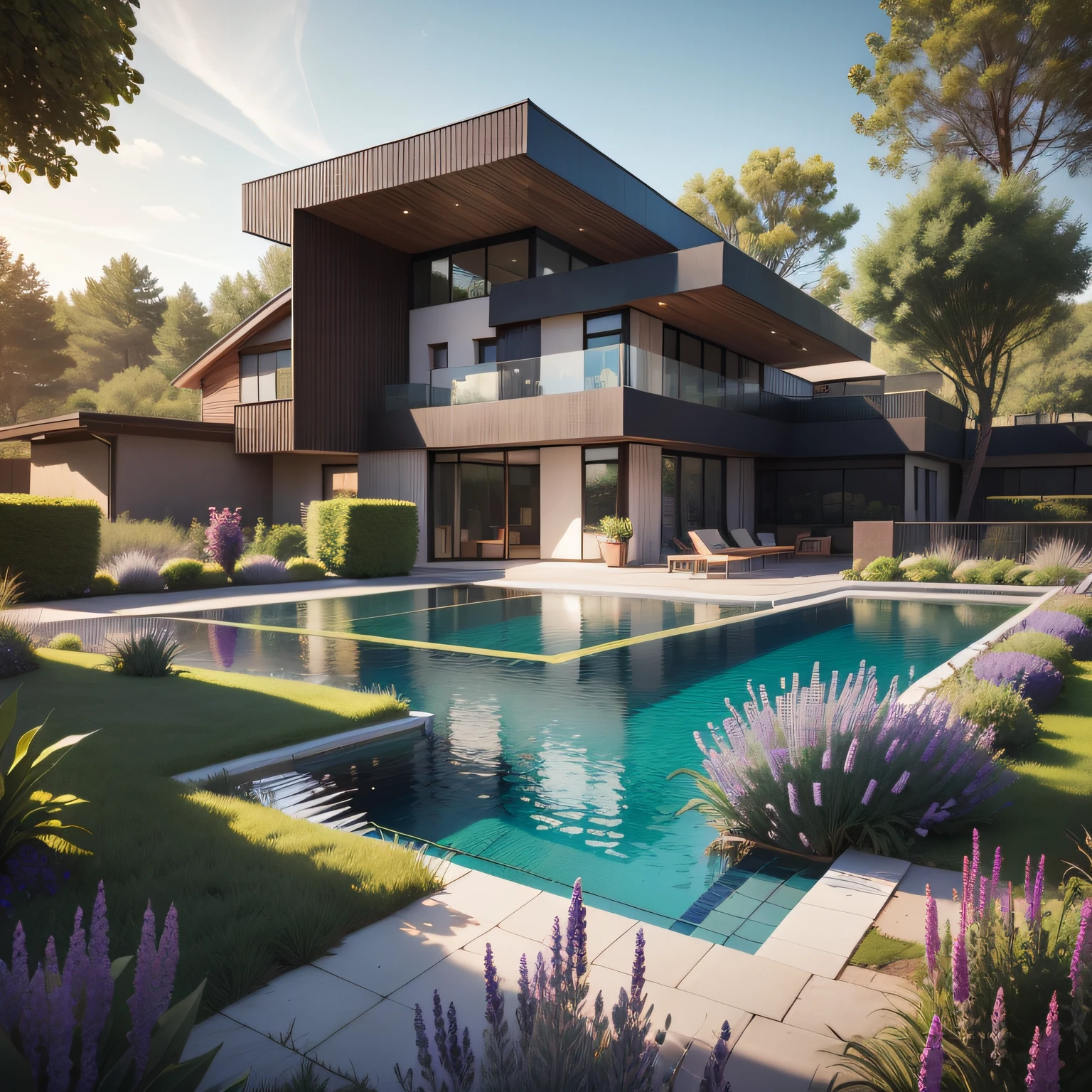 Organic modern architecture on a fairly large plot, from , there is a swimming pool in the middle of a large house of a flower, color of the house in chocolate brown and black beams, large modern residence, flat roofs and garden, render luxcore, render oktane, a photorealistic rendering, architectural rendering, mantra rendering, architectural rendering, realistic rendering, architectural visualization, wellness pool, Architectural visualization, large green zones, with small zones of lavender flowers, green shrubs type lush green garden, as well as small water mirrors, swimming pool embedded in an area of sand, olive and pine trees around the house, paddle court next to the house
