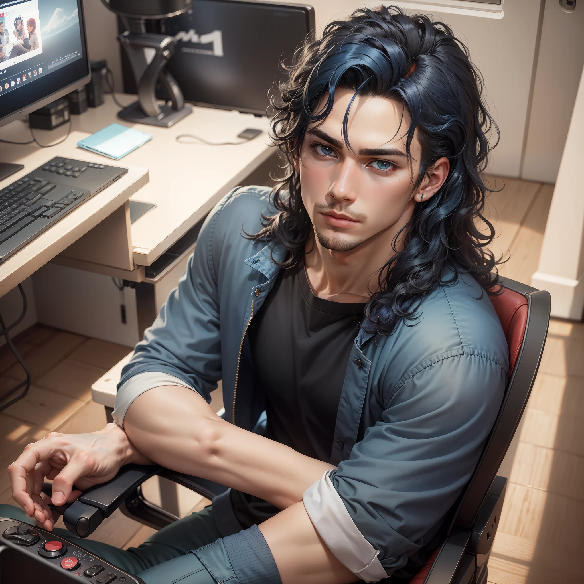 Handsome male, soft features, dark blue hair, curly hair, long hair braided on side, innocent look, doe eyes, black shirt, navy blue pants, sitting on gaming chair, thigh highs, twink