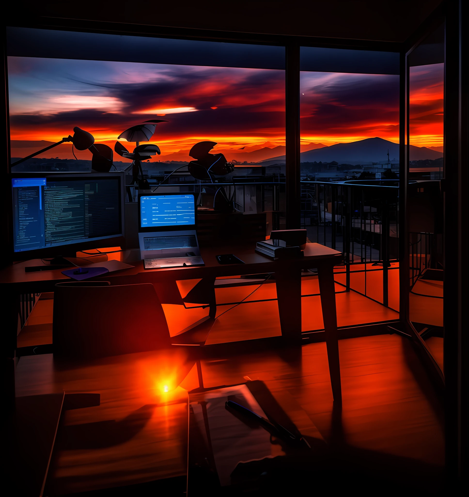 There is a desk with two computers and a laptop, home office, 8K HDR sunset lit, 8 mil. preenchimento da vista, sunsettime, Desktopografia, Sunset view, cyberpunk setting, A magia fora de vista acontece, Nascer do Sol colorindo o quarto, Epic view, epic sunset, apocalyptic scenery, day setting, Tiro HDR