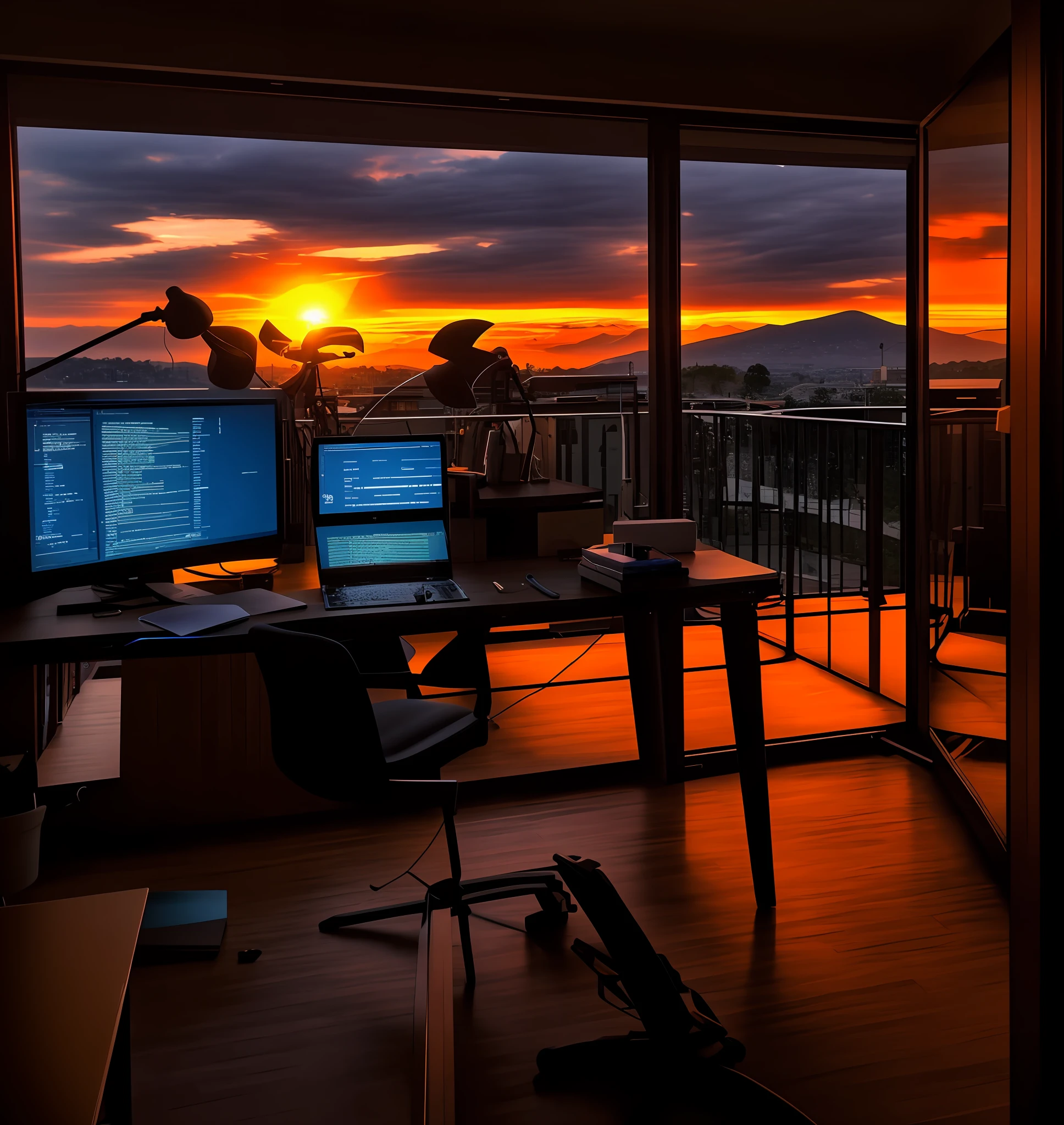 There is a desk with two computers and a laptop, home office, 8K HDR sunset lit, 8 mil. preenchimento da vista, sunsettime, Desktopografia, Sunset view, cyberpunk setting, A magia fora de vista acontece, Nascer do Sol colorindo o quarto, Epic view, epic sunset, apocalyptic scenery, day setting, Tiro HDR