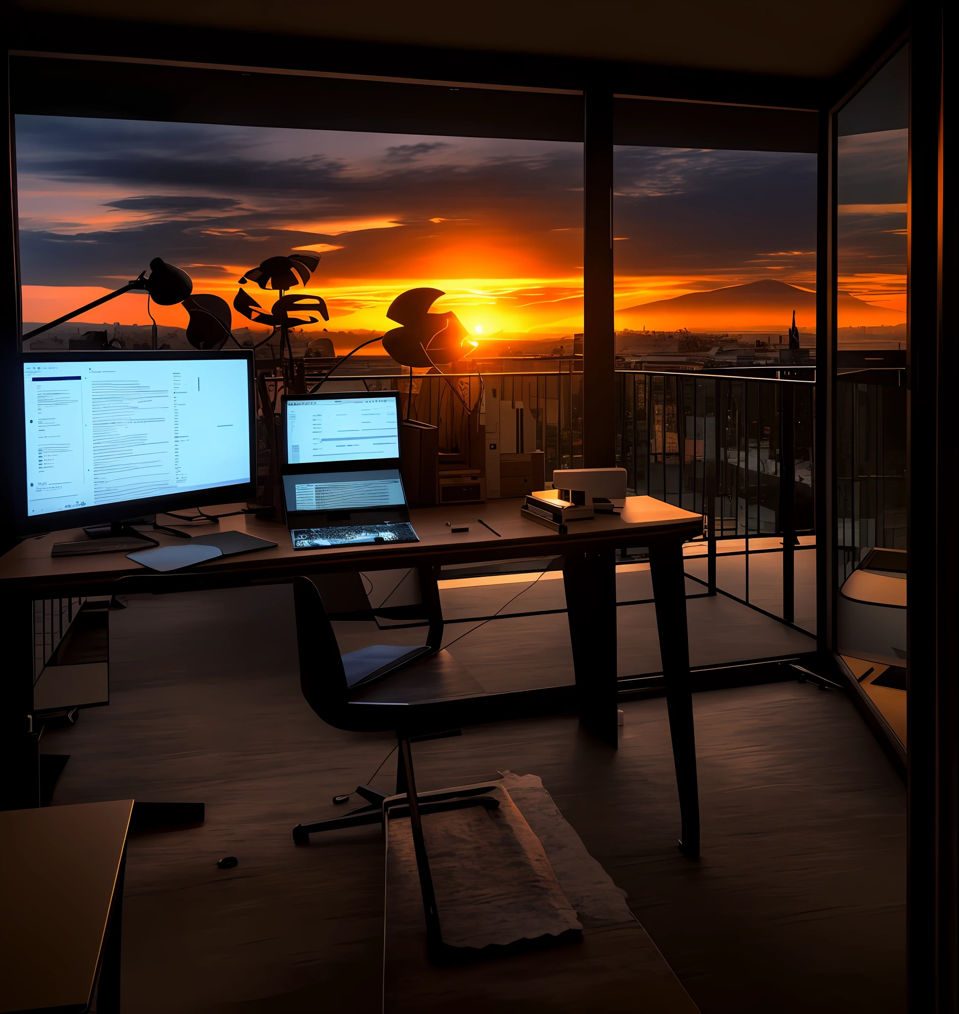 There is a desk with two computers and a laptop, home office, 8K HDR sunset lit, 8 mil. preenchimento da vista, sunsettime, Desktopografia, Sunset view, cyberpunk setting, A magia fora de vista acontece, Nascer do Sol colorindo o quarto, Epic view, epic sunset, apocalyptic scenery, day setting, Tiro HDR