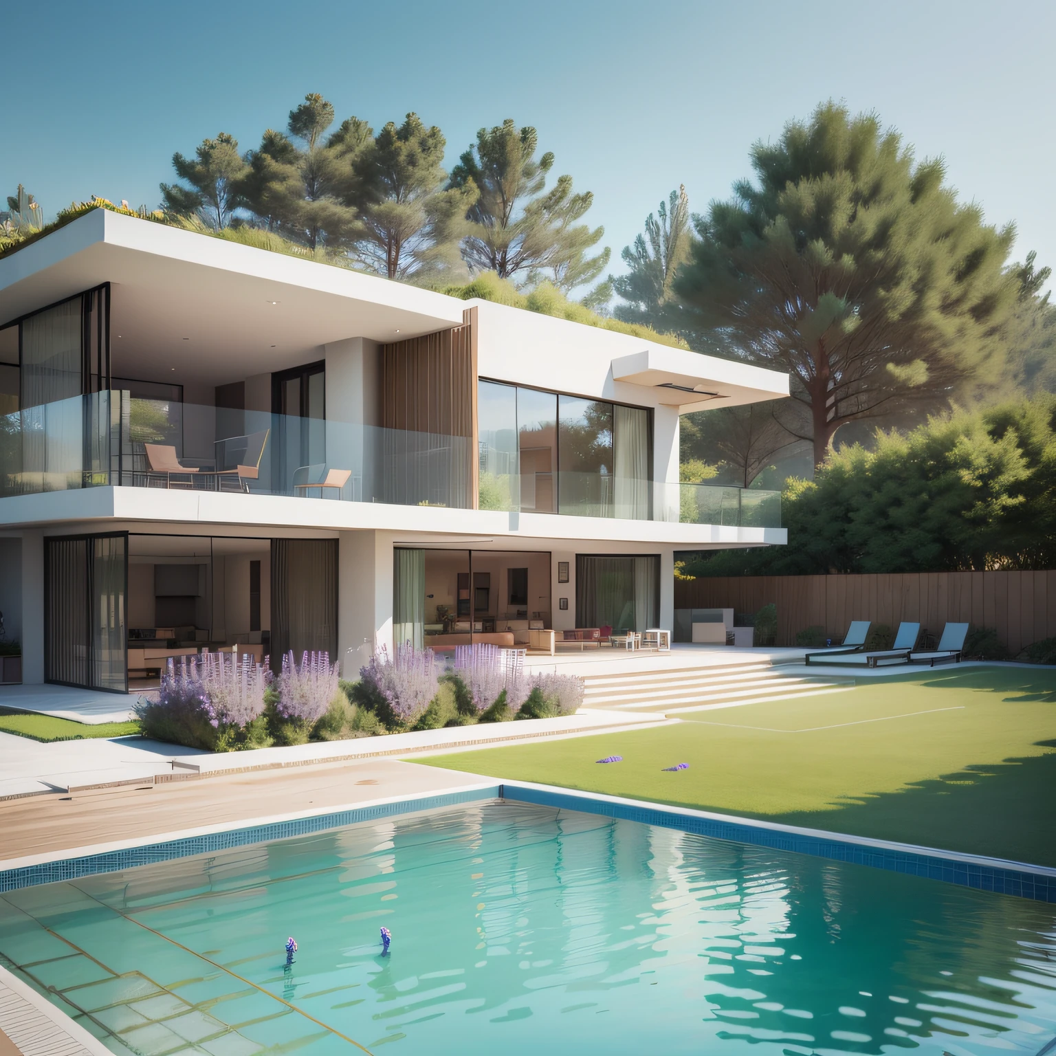 Organic modern architecture on a fairly large plot, from , there is a swimming pool in the middle of a large house of a flower, color of the house in chocolate brown and black beams, large modern residence, flat roofs and garden, render luxcore, render oktane, a photorealistic rendering, architectural rendering, mantra rendering, architectural rendering, realistic rendering, architectural visualization, wellness pool, Architectural visualization, large green zones, with small zones of lavender flowers, green shrubs type lush green garden, as well as small water mirrors, swimming pool embedded in an area of sand, olive and pine trees around the house, paddle court next to the house