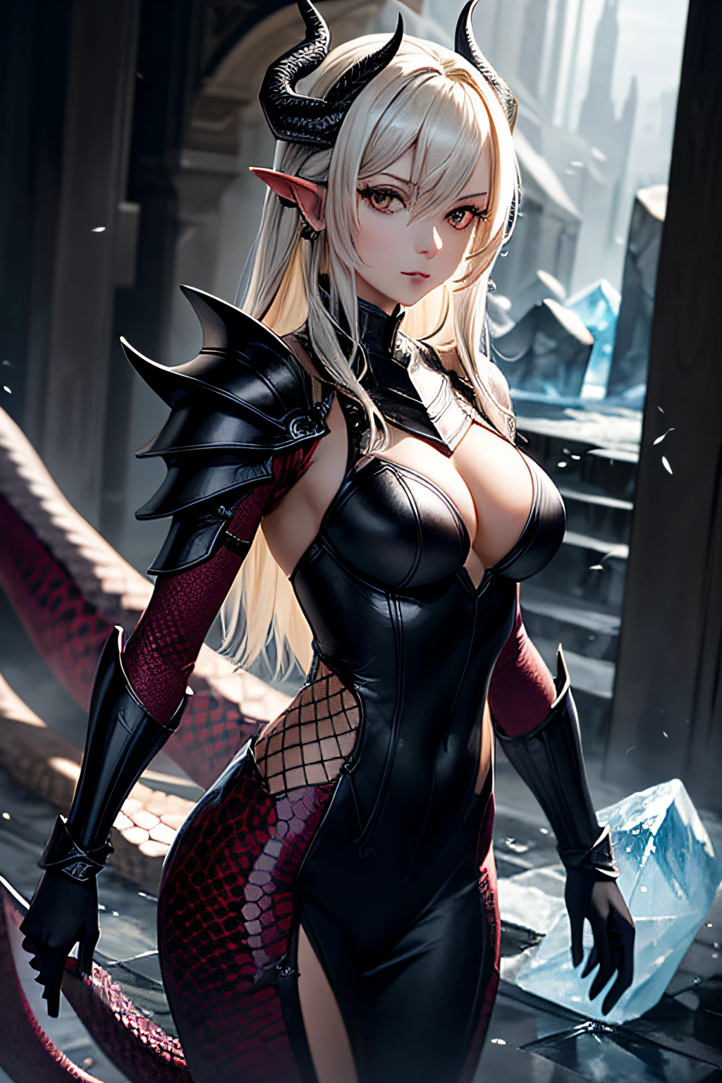 (masterpiece, best quality:1.2), 1girl, solo, cute, kawaii, slender body, digital art, platinum blonde hair, yellow eyes, dragon, dragon horns, scales, light armor, full clothed, ice, ice powers, icy aspect, dark fantasy, (mature face:1.2)