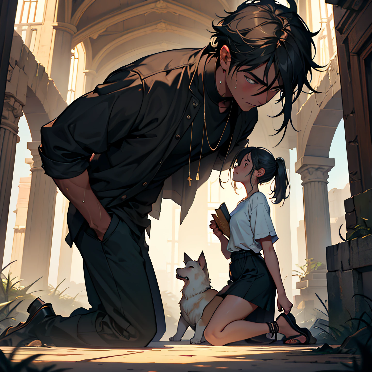 imagine prompt: A young man kneeling in front of a goddess, looking at her with longing. He wears a worn-out shirt, covered in sweat and tears. The goddess stands tall, with a cold expression, holding a thick book in her hand. The desolate surroundings imply his three years as a "licking dog". --auto