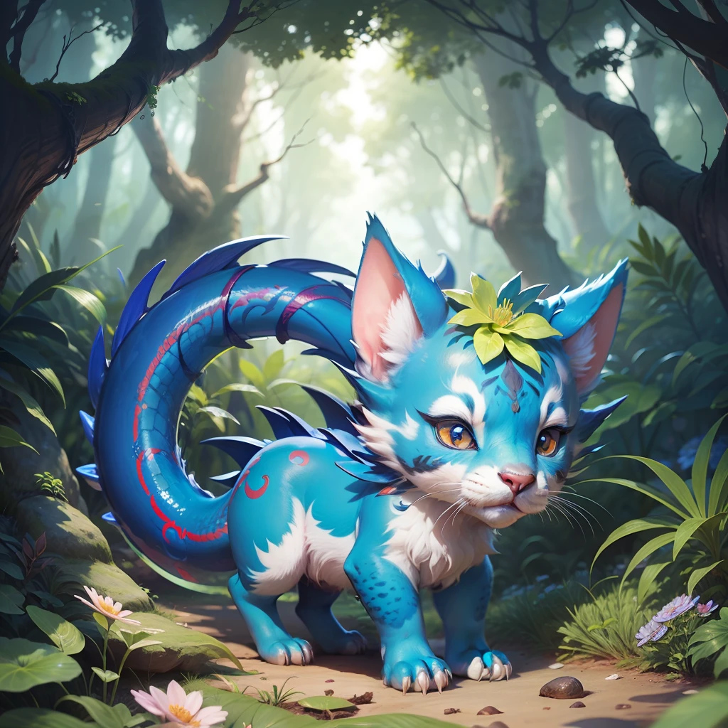 Blue Dragon Cub , em uma floresta encantada, cheia de flores brilhantes --auto --s2