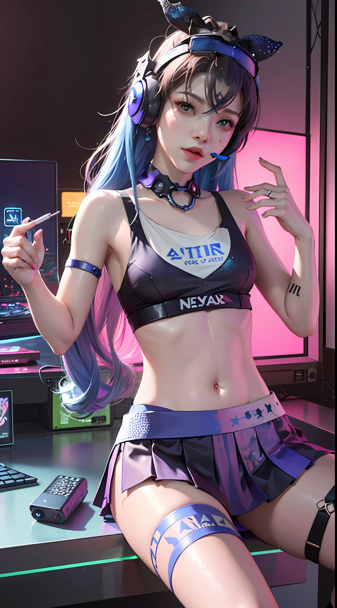 (((((7 avatar shot)))), Silver Wolf, Masterpiece, Best Quality, Ultra Detailed, Extremely Detailed 16k CG Wallpaper, Beautiful Face, (Silver Wolf in Esports Room), (Perfect Beautiful Curved Figure), Seated, Rainbow Color Jewel Eyes, Wearing Resin Hologram Sports Bra, Crop Top Drape, Mini Pleated Skirt, Bell Collar, Logo, Impotence, Contour Light, Concert, Neon Sign, Audio, Bell Collar, Esports Headset, Computer, Esports Room, Play Games, White Interior Through Red Skin, holographic projection, flat sphere, graffiti logo, highly detailed tattoo_,
Authoring information
