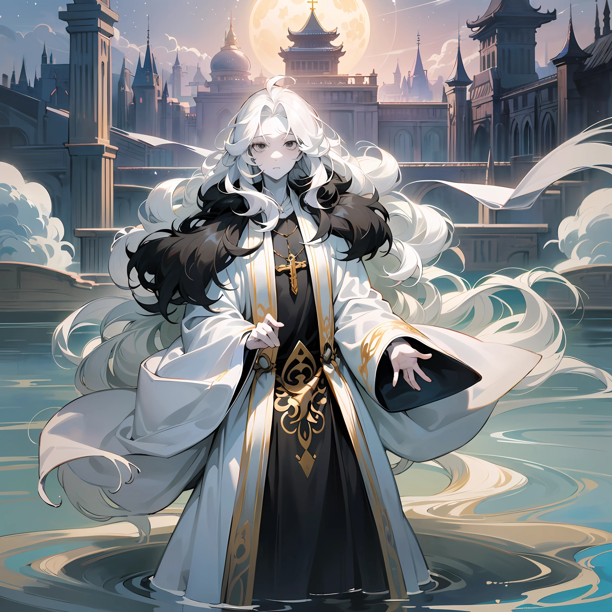 one boy, (((one person))), single, solo, (((male))),(slim body), (flat chest), (pointy ears), (((white colored skin))), ((porcelain skin)), ((marble skin)), (((white-skinned))), grey colored skin, (((black colored eyes))), ((black eyes)), (((white colored hair))), ((white hair)), ((long hair)), (((poofy hair))), (fluffy hair), (((wavy hair))), (((fantasy style))), (wearing fantasy robe), (flowy robe), (long robe), covered up, christian inspired, christian priest, ((fantasy patterns on clothes)), ((magical patterns)), stars decoration, sun moon decoration, warm light, (water on the ground), ((the man is floating above the water)), fantasy temple in the background