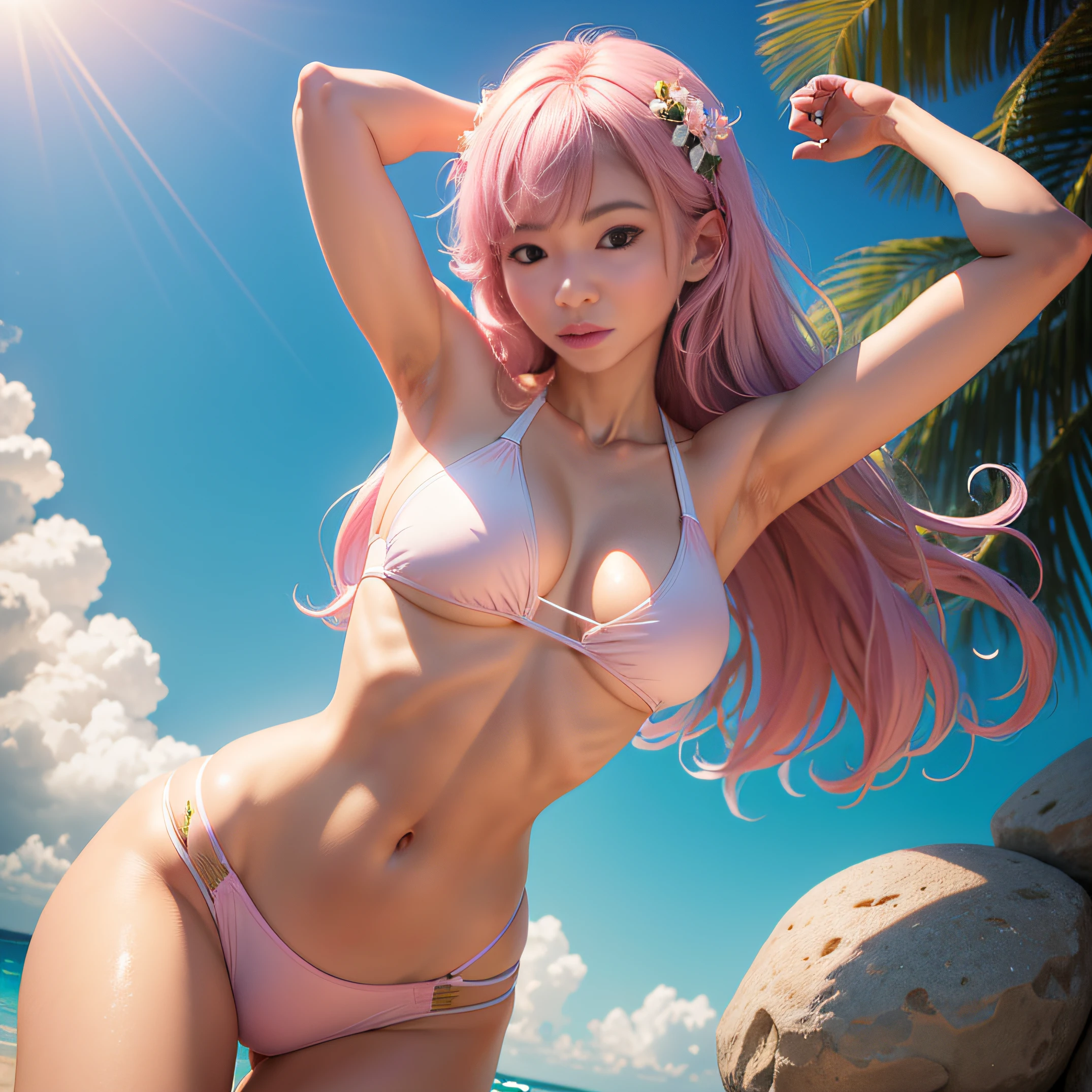 ((High-quality images、Realisticity))Wearing swimwear、Swimwear is the same as skin color、The swimsuit has delicate color is light pink,、raise arms、Show armpits、М字開脚、full bodyesbian --auto