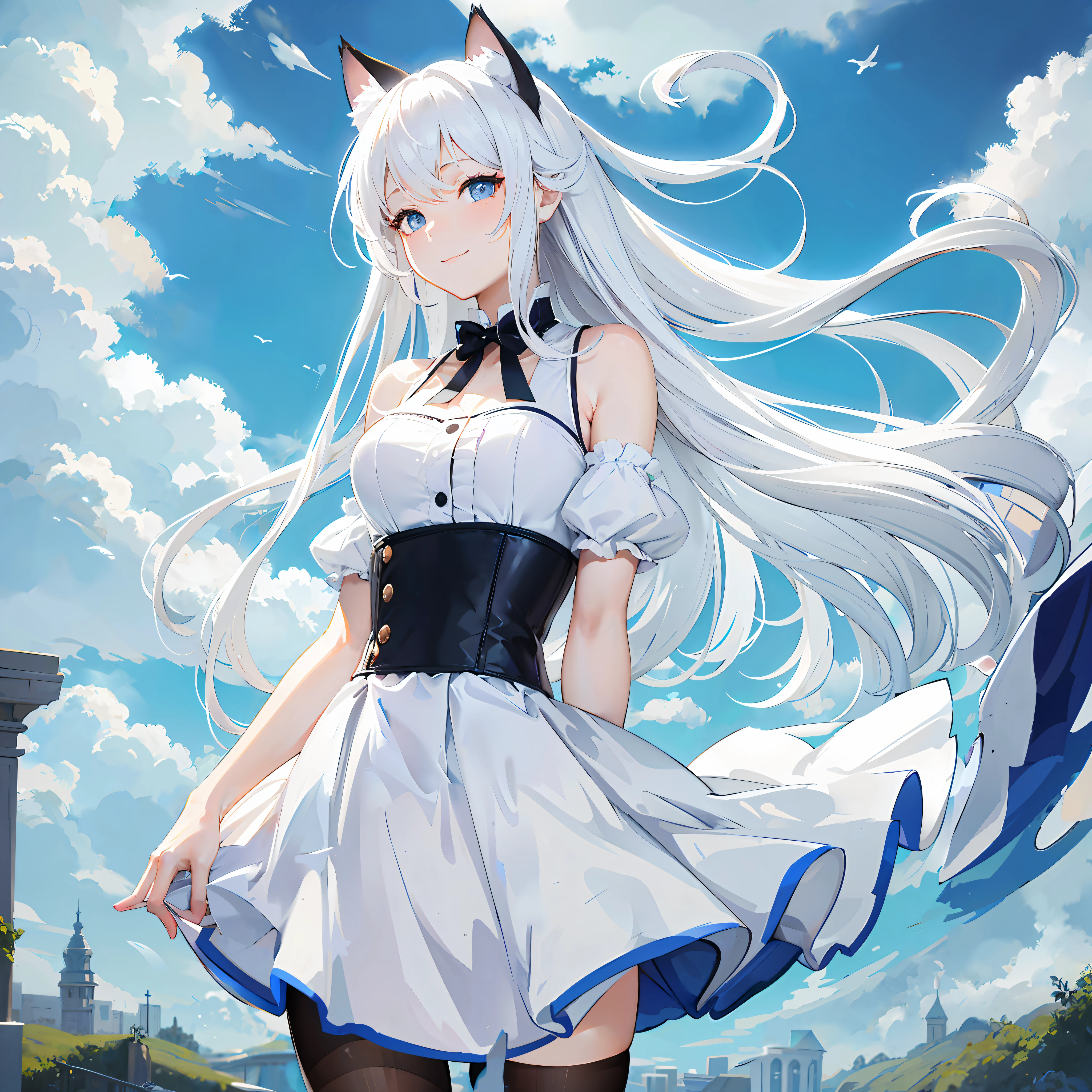 Anime girl with long white hair and black and white dress, White Cat Girl, Very beautiful anime cat girl, White-haired fox, anime girl with cat ears, beautiful anime catgirl, anime cat girl in a maid costume, azur lane style, anime catgirl, cute anime catgirl, Attractive cat girl, white-haired god, white fox anime, anime cat