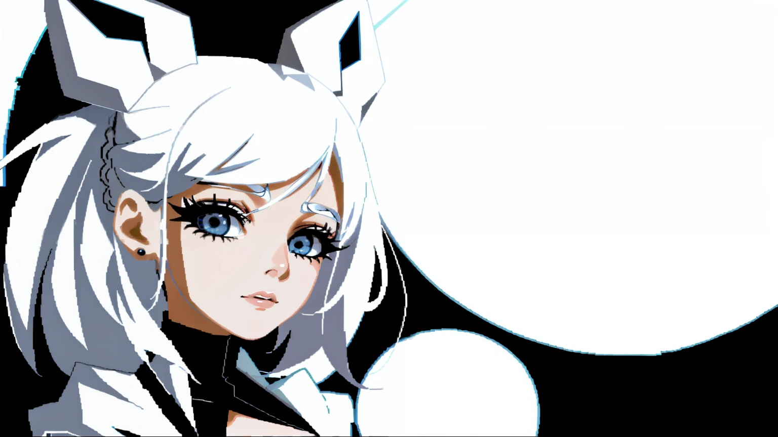 Stylized fashion girl, Stylized waivy hair, white hair, black dress, rabit ears, 2d reandering