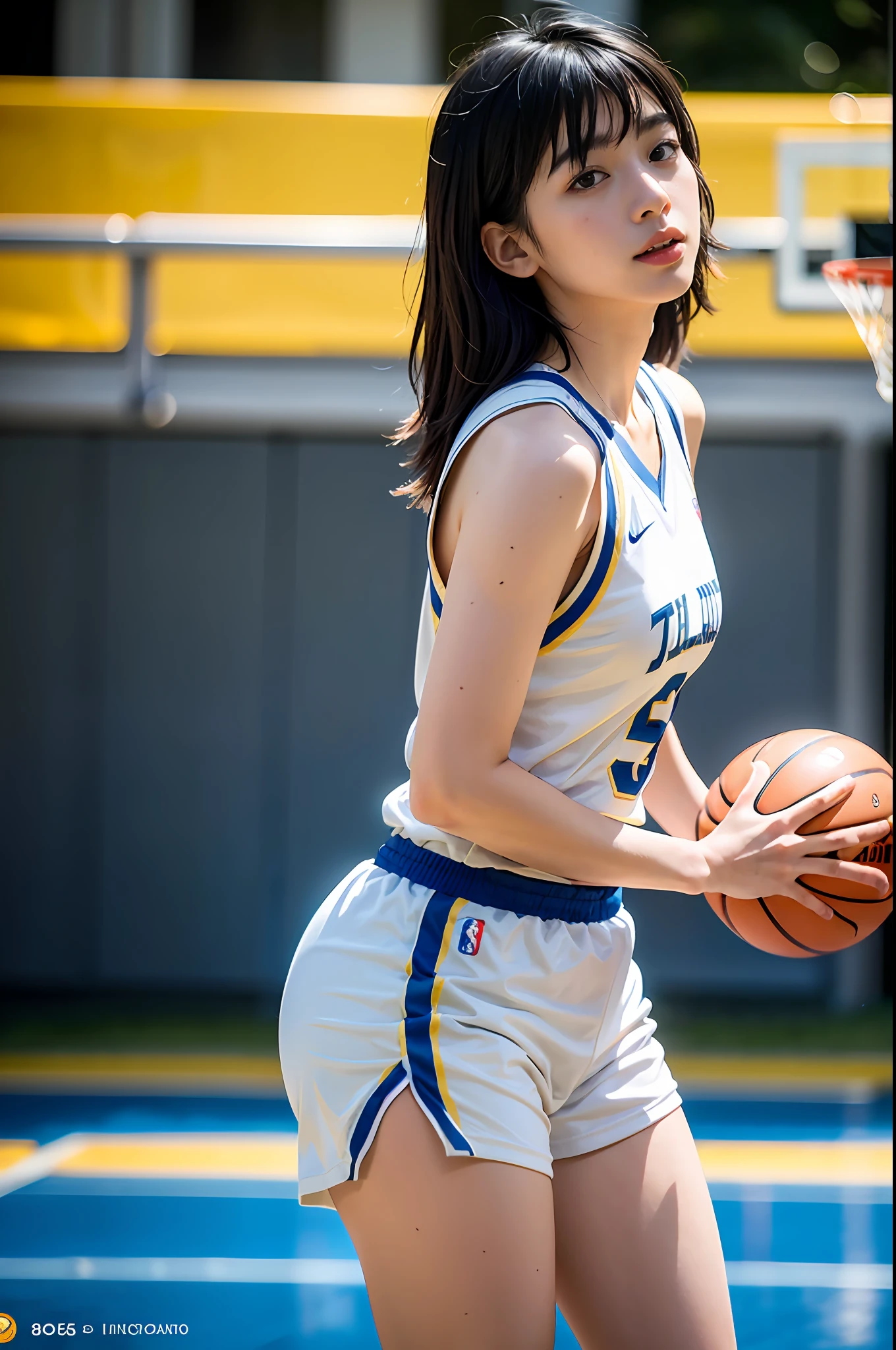 (8k, Best Quality, Masterpiece: 1.2), (Realistic, Realistic: 1.37), Ultra Detailed, Best Quality, Ultra High Resolution, Professional Lighting, Photon Mapping, Radiosity, Physically Based Rendering, Cinematic Lighting, Basketball Court, Depth of Field, Sharpness focus, sunlight, good composition, (bokeh: 1.2) 1girl, solo, (full body), (closed mouth), beautiful and detailed eyes, pose, narrow waist, basketball uniform, black hair, messy hair, long hair blowing in the wind, (ulzzang-6500:1.2) mix4, hiqcgbody