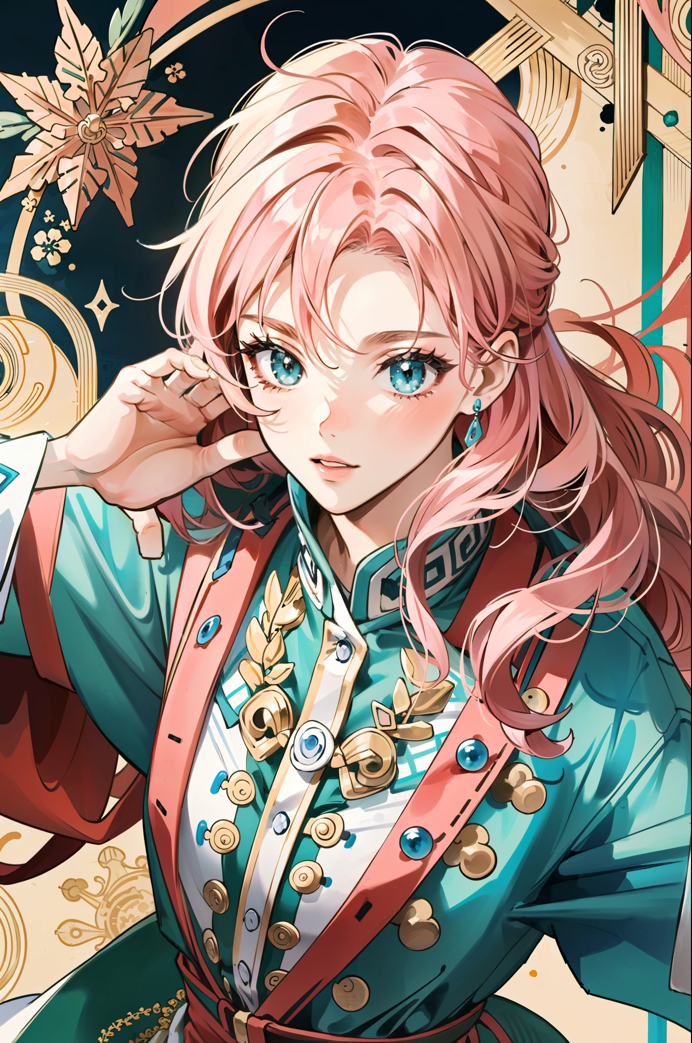 ((masterpiece:1.2, best quality)), ultra detailed, Ultra-precise depiction, Ultra-detailed depiction, (zentangle:1.2), (dynamic pose), (abstract background:1.5), wavy long hair, pink hair, 1girl, colorful, portrait, (from above:1.2)