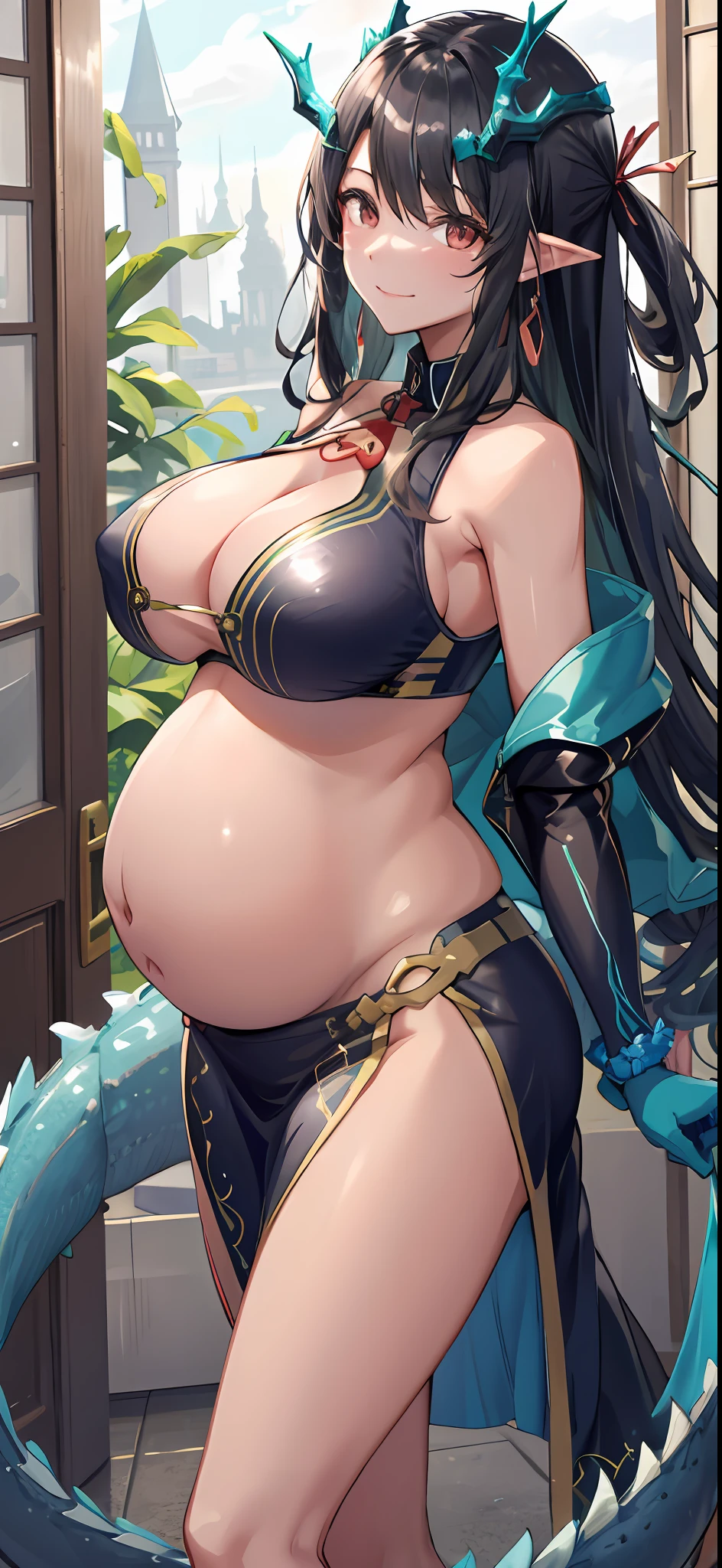 (tmasterpiece,best qualtiy),((1girll,(a matural female)long whitr hair),(Dragon's horn)),(arms behind the back,looking at viewert,Light smile,cropped shoulders,cowboy lens),(color difference),Pregnant women with,huge tit,Showing the belly,Tong,shot on the body,The white liquid is drizzled all over the body,nipple bump(nakeness:1.3),