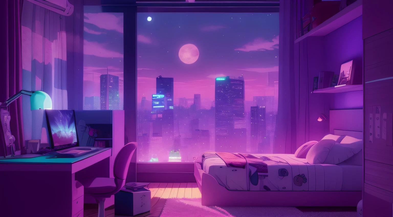 paisagem noturna no estilo lofi, personagem deitado na cama ouvindo musica, um quarto gamer neons, peleta nas cores lilas e ciano, com uma janela com a vista de uma cidade cyberpunk com a lua ao fundo