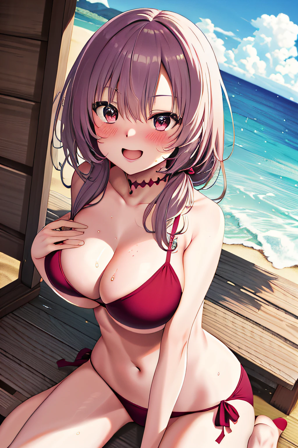 masterpiece、top-quality、hight resolution、(Best Quality:1.3), Large breasts, Naked, Beautiful wine red bikini, (POV), Sitting, Smiling, Blushing:1.3, Beach, full of sweat:1, (grabbing on breasts:1.3)、hard breathing、Sex Expressions, flustered, heart in eye, blush, Drunk, Open mouth,High quality, Best Quality, hight resolution