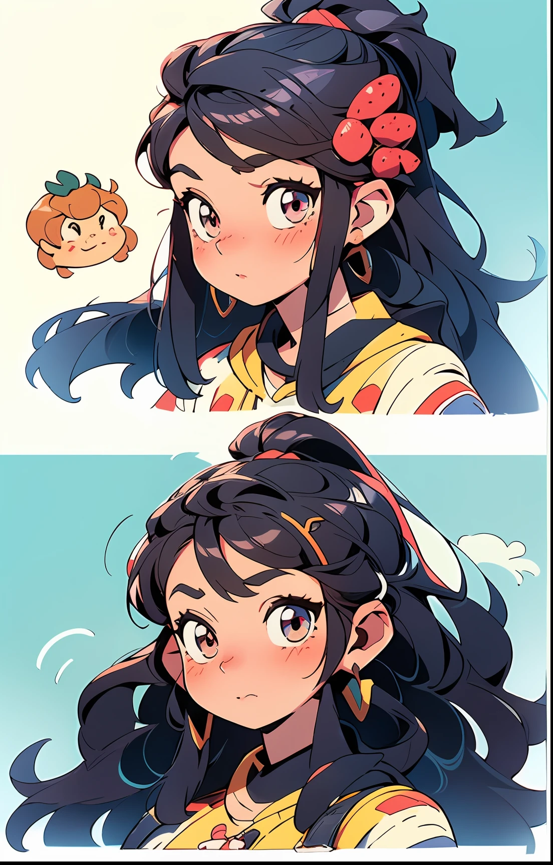 There are four pictures of a woman with long hair and a strawberry in her hair, fanart requintada altamente detalhada, fanart detalhado, design de personagem altamente detalhado