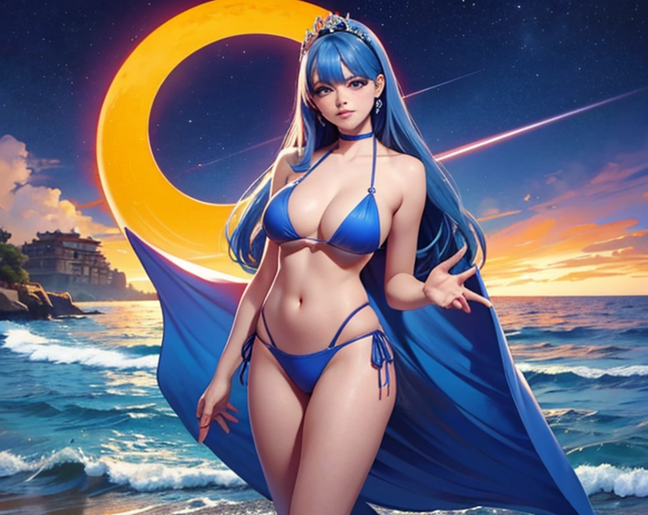 1 mujer ,monja, bikini, pelaje azul ,ropa sexy, cara feliz ,bikini naranja , seno gigante, playa, fiesta ,solo mujeres, chica monstro, lamia, anime