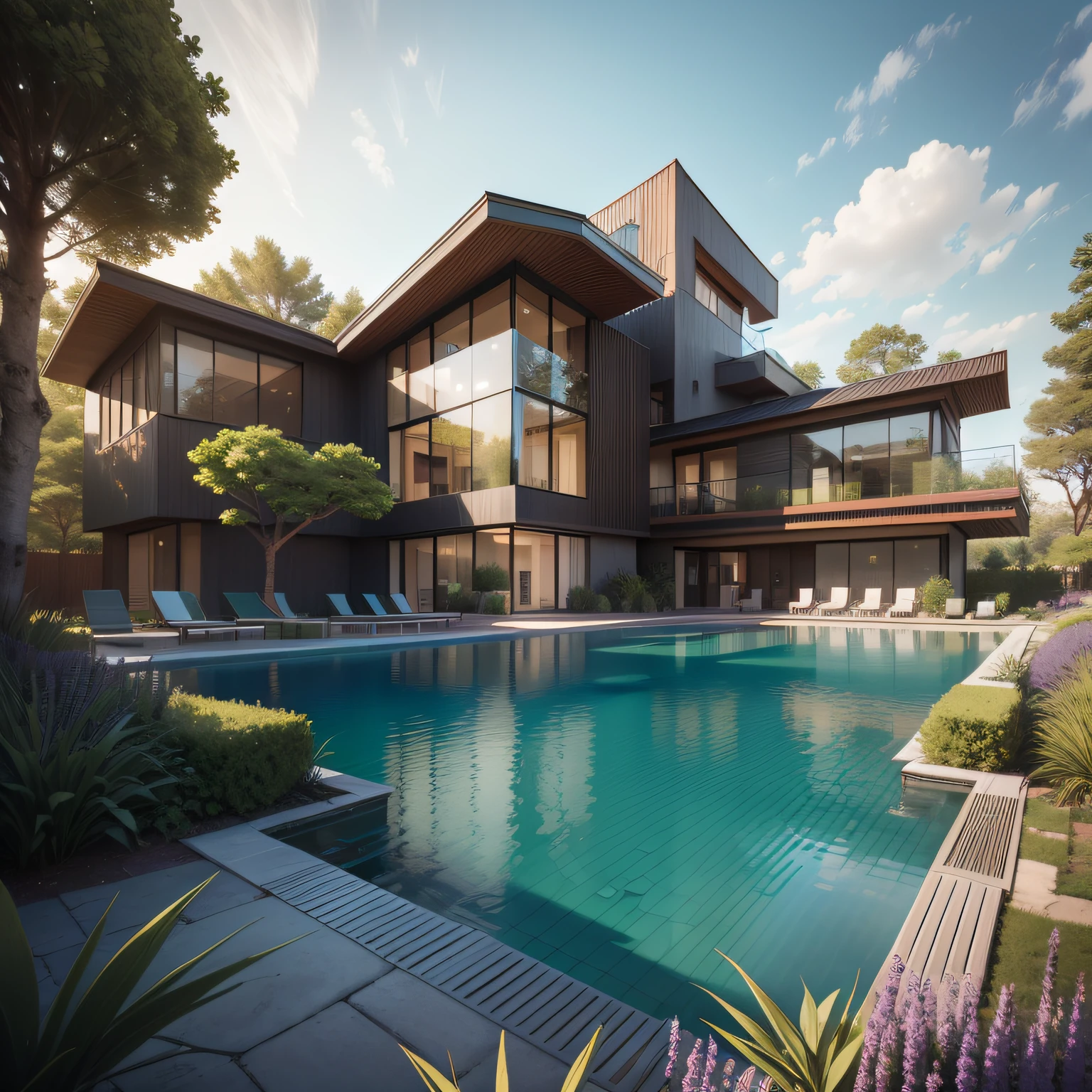Organic modern architecture on a fairly large plot, from , there is a swimming pool in the middle of a large house of a flower, color of the house in chocolate brown and black beams, large modern residence, flat roofs and garden, render luxcore, render oktane, a photorealistic rendering, architectural rendering, mantra rendering, architectural rendering, realistic rendering, architectural visualization, wellness pool, Architectural visualization, large green zones, with small zones of lavender flowers, green shrubs type lush green garden, as well as small water mirrors, swimming pool embedded in an area of sand, olive and pine trees around the house, paddle court next to the house