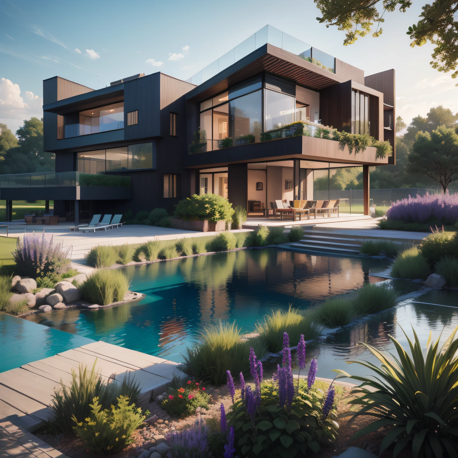 Organic modern architecture on a fairly large plot, from , there is a swimming pool in the middle of a large house of a flower, color of the house in chocolate brown and black beams, large modern residence, flat roofs and garden, render luxcore, render oktane, a photorealistic rendering, architectural rendering, mantra rendering, architectural rendering, realistic rendering, architectural visualization, wellness pool,  Architectural visualization, large green zones, with small zones of lavender flowers, green shrubs type lush green garden, as well as small water mirrors, swimming pool embedded in an area of sand, olive and pine trees around the house, paddle court next to the house