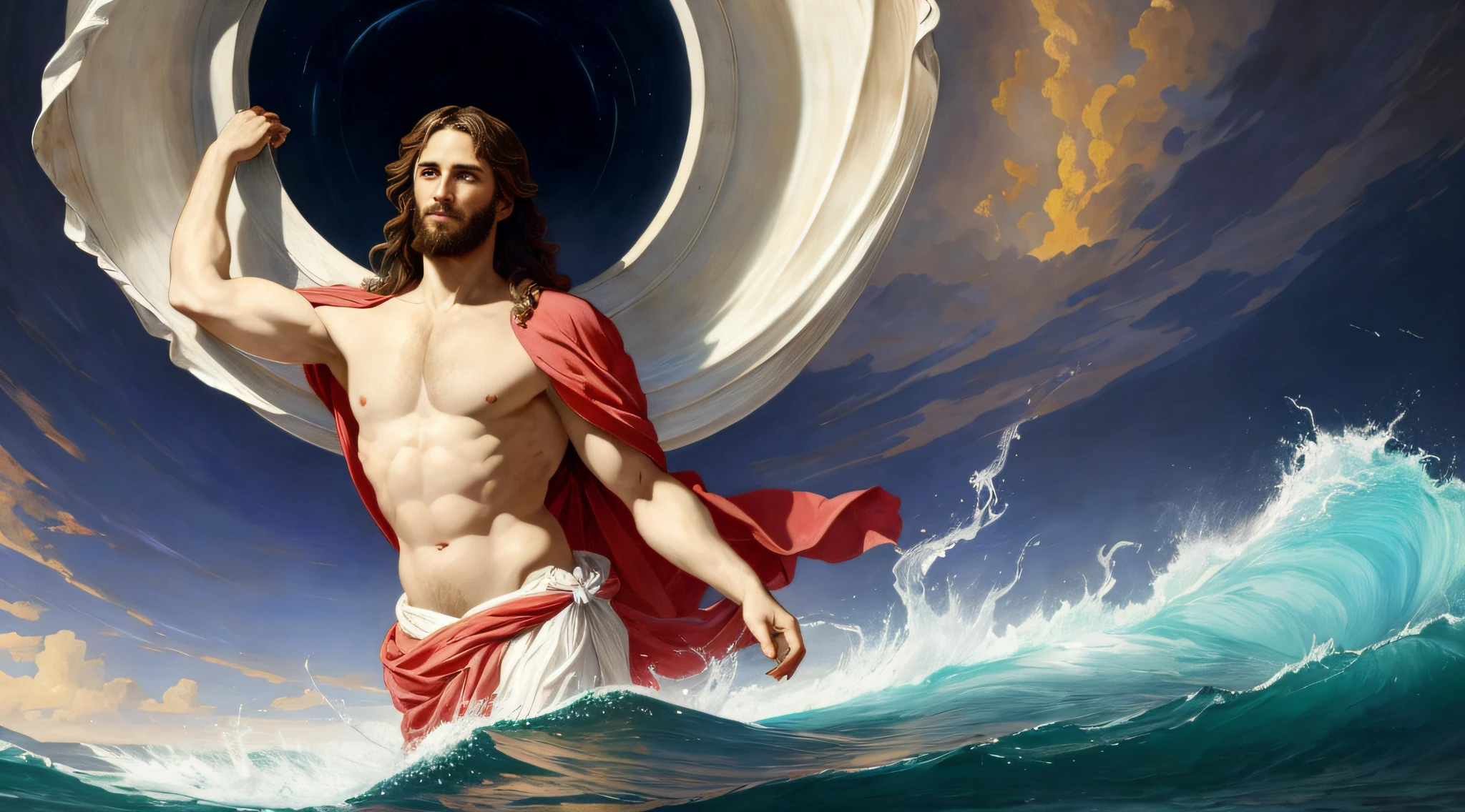 Jesus of Nazareth gigantic wrapped in a white mantle emerging from the waters of the ocean in front of a vortex, Magical portal in the illuminated sky, cruzando las aguas sobre el mar, con olas gigantescas, enormes, (obra maestra, alta calidad), hiperrealismo, Estilo Caravaggio, 8k Renaissance oil painting masterpiece, El nacimiento de Venus (1879) por William-Adolphe Bouguereau estilo, Baroque aesthetics, Venus de Botticelli, Denonios and the Angels, Estilo de arte renacentista. (estilo: el_Rap_de_el_Hijas_de_Leucipo_de_Pedro_Paul_Rubens.),(estilo: Godfrey_Kneller_en_1689.),High resolution,pictorial, Estilo barroco, claroscuro, dynamic composition, Dramatic lighting, colores ricos, Textura detallada, divine expression, escena religiosa, escena flotante