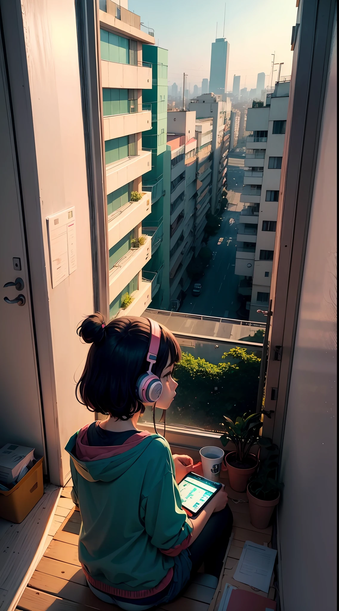 Lofi Music Anime Illustrations, em um quarto estudando com uma pela vista de uma cidade para colocar como tamber no youtube --auto