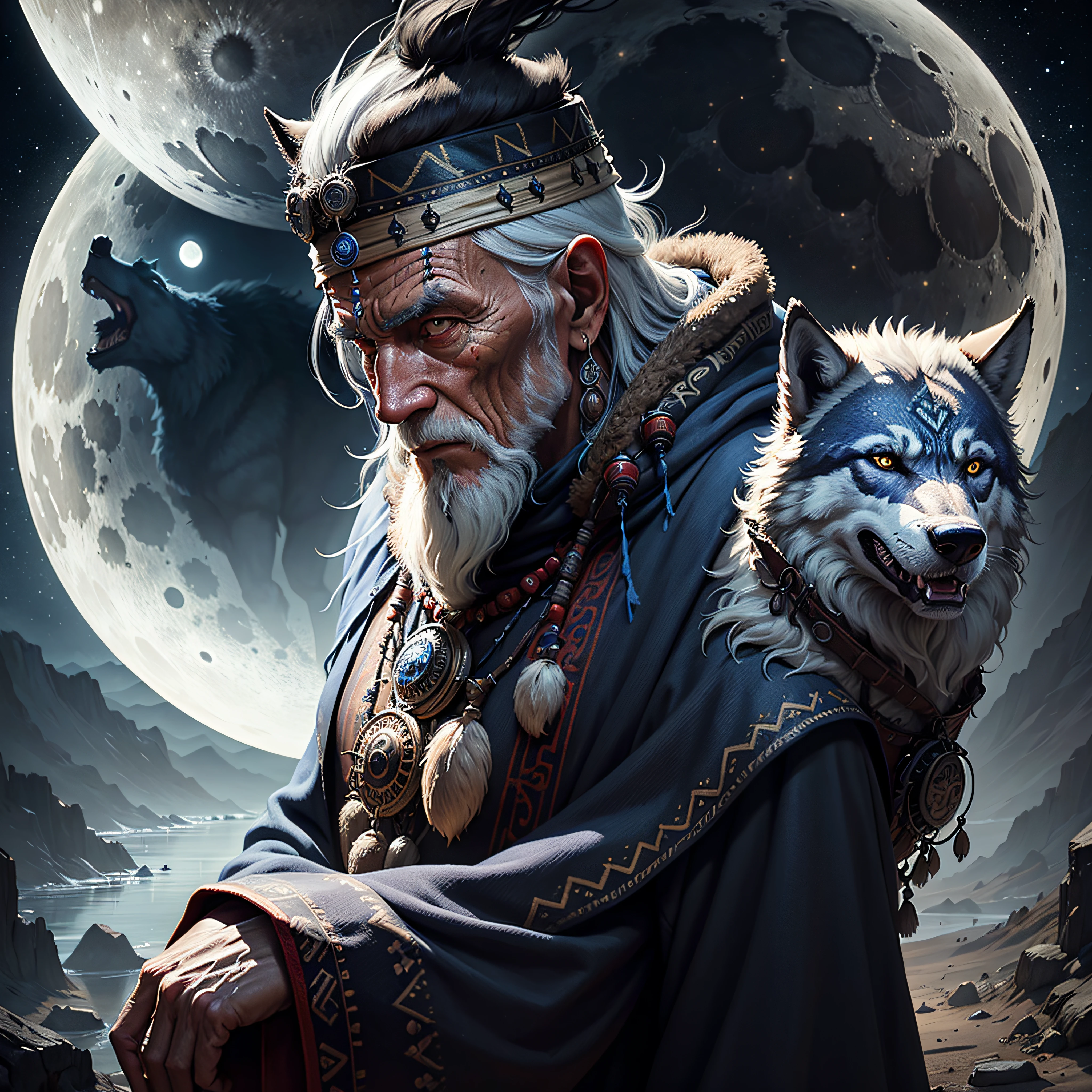 old shaman man and his wolf, mystic night, moon background, photorealistic , detailed --auto