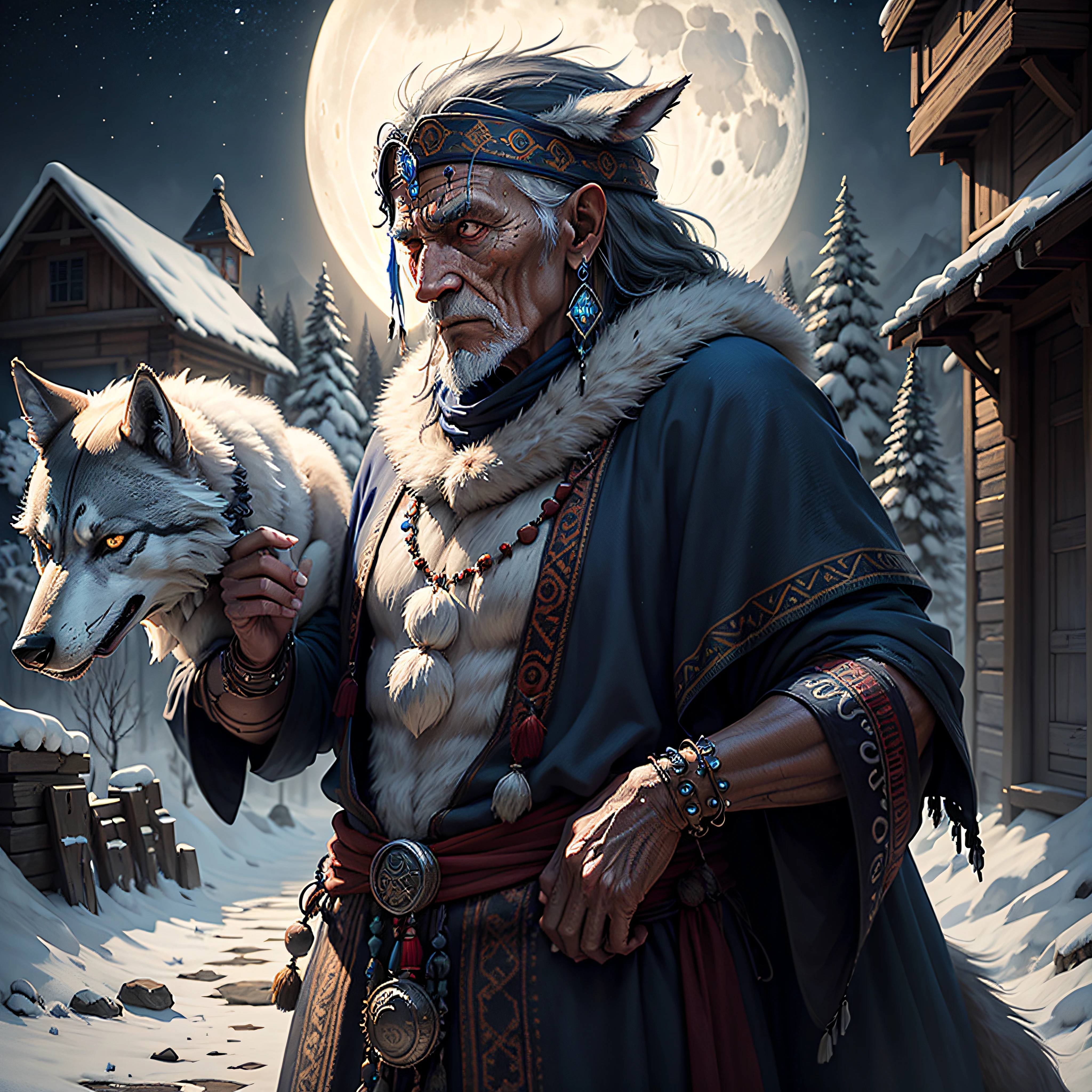 old shaman man and his wolf, mystic night, moon background, photorealistic , detailed --auto