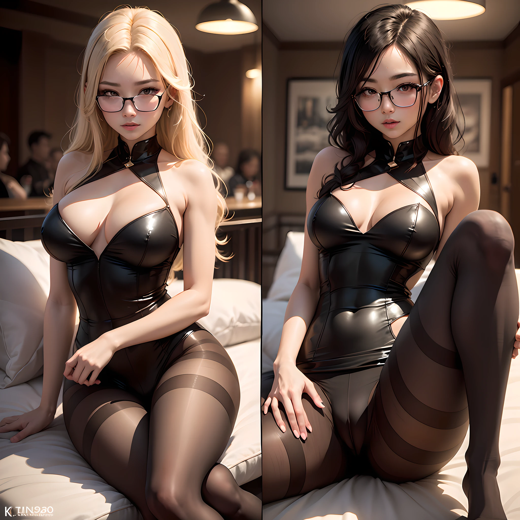 （（best qualtiy，8K, yes，tmasterpiece：1.3））），Clear focus：1.2，（layer cut，The large：1.2），Beautiful Women in Perfect Figure：1.4，Slender abs：1.2，Moist body：1.5，Highly Detailed Face and Skin Textur，Detailed eyes，二重まぶた，long whitr hair，real photograph，k hd，light in face，8K，Woman with glasses，cinmatic lighting, 1girll, 26 year old,((pantyless))，(((dynamicposes)))，(Camel toes)，(full bodyesbian)，((pantyhose black))，((Sit with your legs apart)) ，Korean female star，Nightclub style dress，