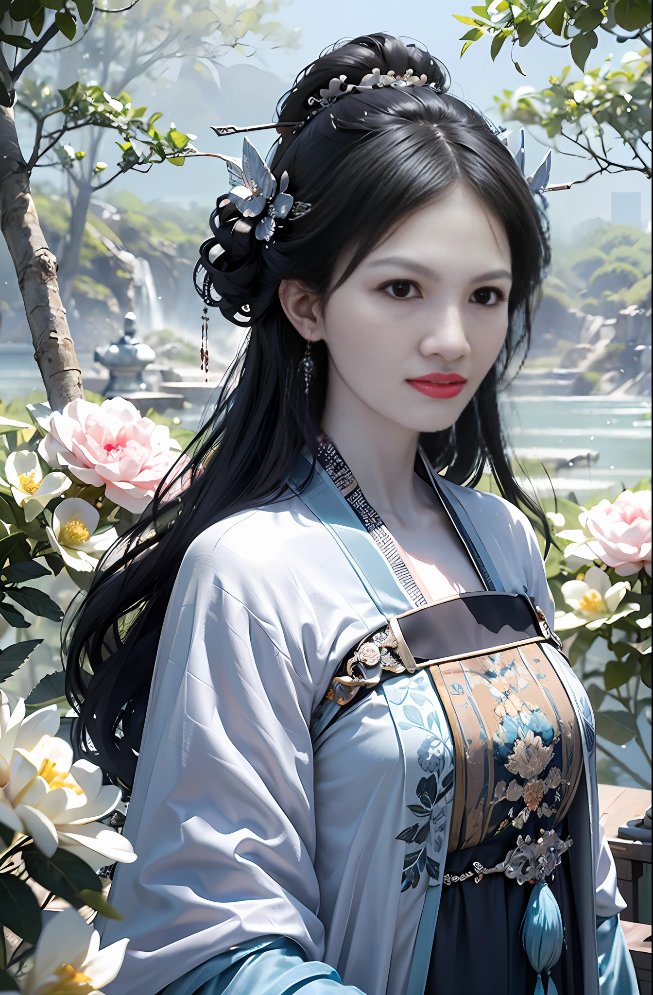 official art, Unity 8k wallpaper, super detailed, beautiful, beautiful, masterpiece, best quality, mystery, romanticism, horror, literature, art, fashion, tang dynasty era, decoration, intricate, embroidery, blue hanfu, white tulle coat, 1 girl, black hair, peony hairpin, sad, fatalistic, bust composition, dramatic composition, movie lighting, dynamic perspective, full of temptation, white flowers, blue flowers, red flowers, butterflies flying, Chinese dynasty garden background, hazy, foggy, dramatic composition,