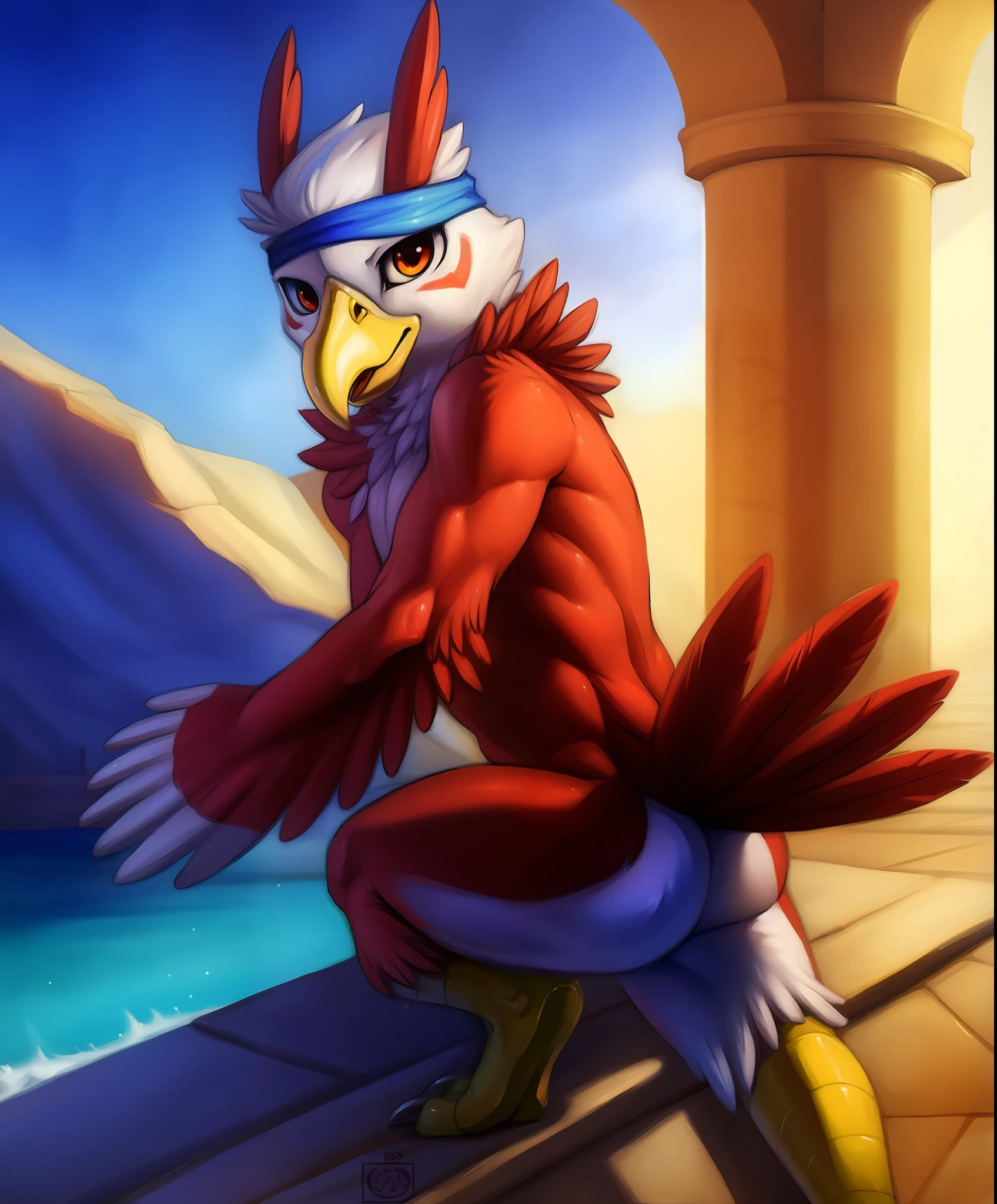 (by photonoko:0.5) (by Arthur Lismer:0.6), (by chunie:0.4) by avante92, BREAK (anime:1.2) solo,male,(biyomon,:0.7), beak, (avian:0.9), red, feathers, red body, rito, tail feathers, white feathers, yellow legs, headband, detailed background, cinematic lighting, (artistic, tastefull:1.2), 8k hd, photo, depth of field,