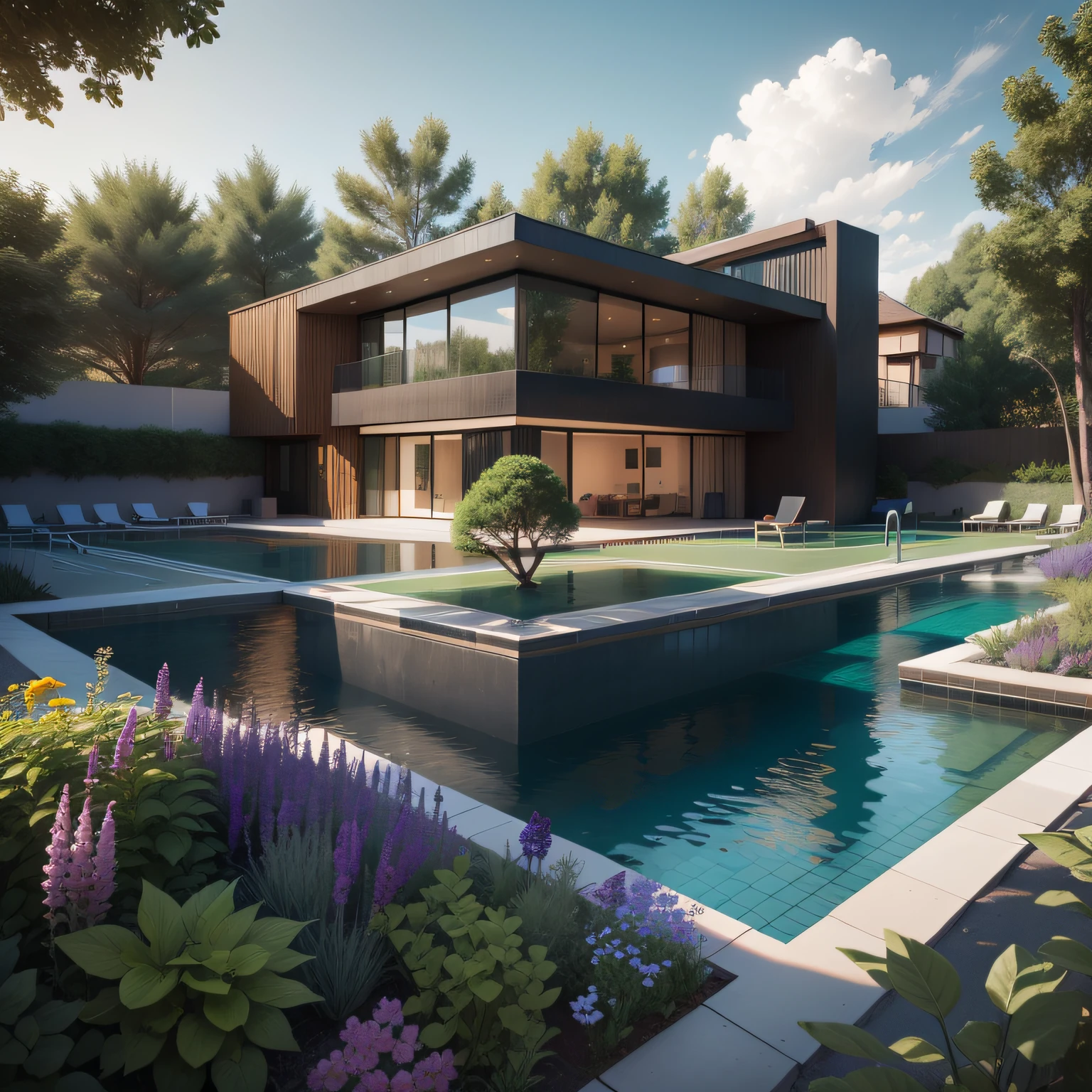 Organic modern architecture on a fairly large plot, from , there is a swimming pool in the middle of a large house of a flower, color of the house in chocolate brown and black beams, large modern residence, flat roofs and garden, render luxcore, render oktane, a photorealistic rendering, architectural rendering, mantra rendering, architectural rendering, realistic rendering, architectural visualization, wellness pool,  Architectural visualization, large green zones, with small zones of lavender flowers, green shrubs type lush green garden, as well as small water mirrors, swimming pool embedded in an area of sand, olive and pine trees around the house, paddle court next to the house