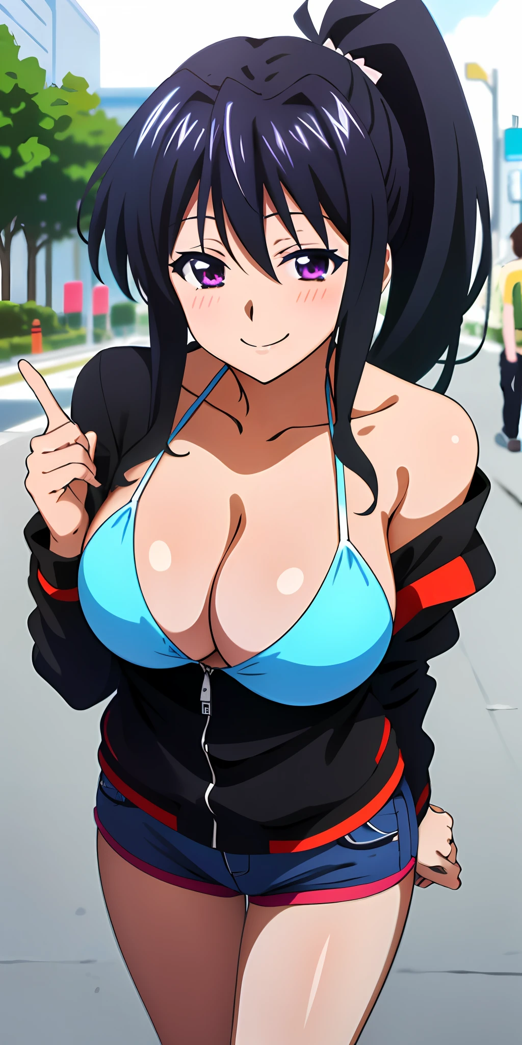 (Best quality:1.3), himejima akeno, black ponytail, large breasts, cleavage, off shoulder jacket, bikini, shorts, smiling, (pov), street background