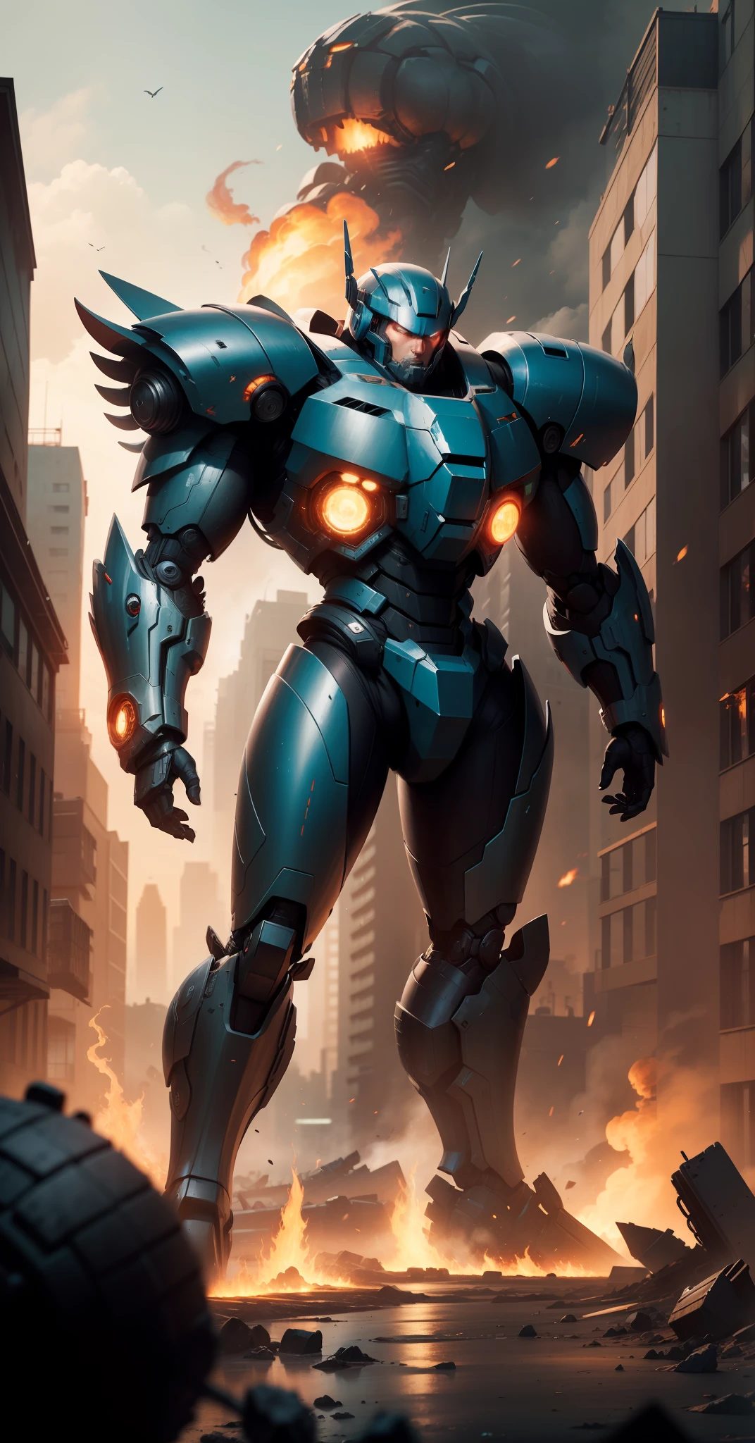 Masterpiece, Best quality, Mecha, No Man, Body shape huge,Black armor, Blue eyes, Science fiction,Pacific Rim,Avenging Wanderer, Fire, laser canon beam, War, conflict, Destroyed city background,