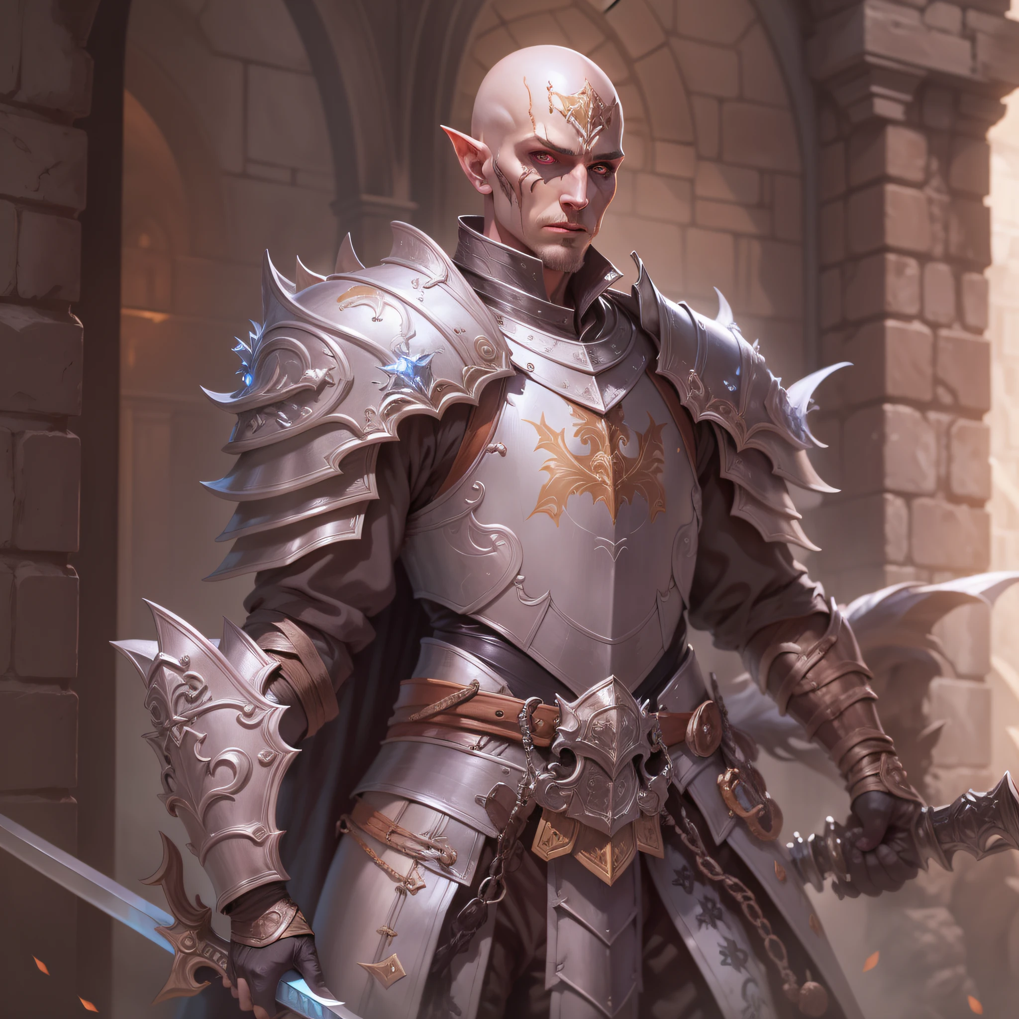 a changeling from dungeons and dragons, male, changeling paladin, paladin with armor and sword, white eyes, no hair, male paladin