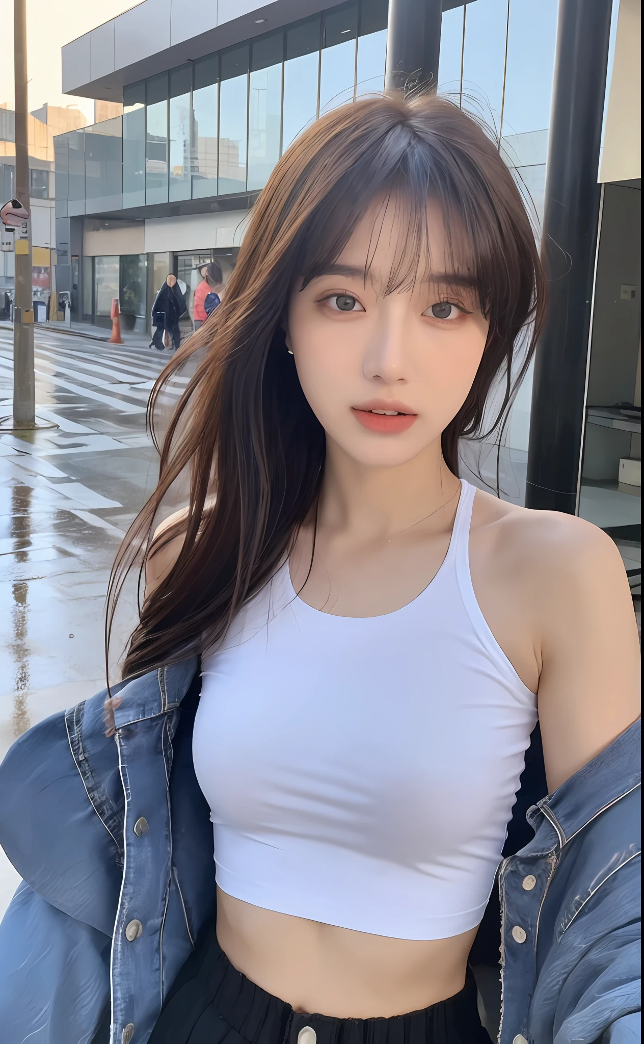 ((Best Quality, 8K, Masterpiece:1.3)), Focus: 1.2, Perfect Body Beauty: 1.4, Buttocks: 1.2, ((Layered Haircut, Breasts: 1.2)), (Wet Clothes: 1.1) , (Rain, Street:1.3), Loose Clothes, (Crop Top T-shirt: 1.1), Pleuffle Skirt, Highly Detailed Facial and Skin Texture, Delicate Eyes, Double Eyelids, Whitened Skin, Messy Hair: 1.2, Long Hair, (Shut Up: 1.3), Bare Shoulders