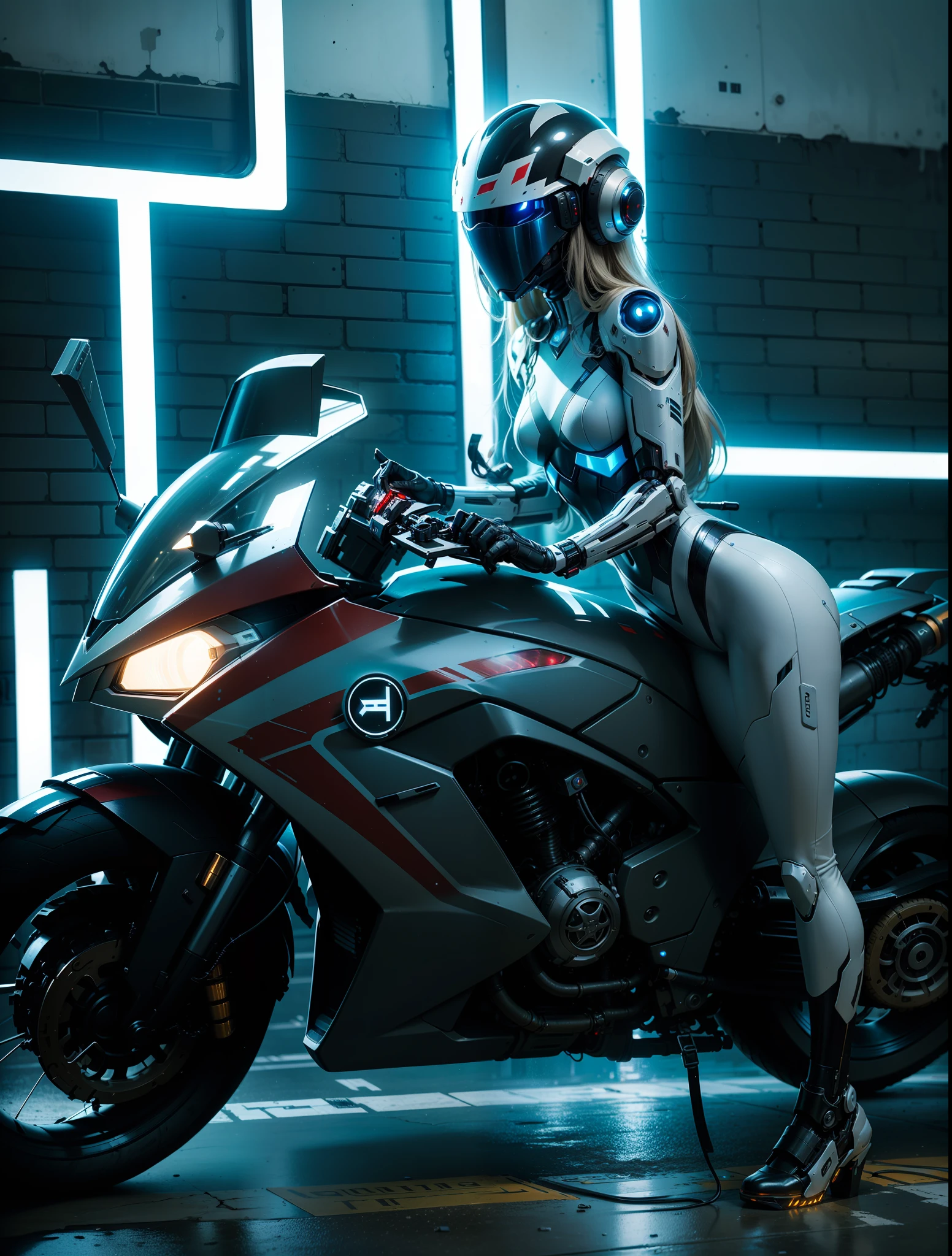 Sexy Cyber Warrior,Long flowing blonde hair,White cyberpunk high-tech mech costume,White cyberpunk faceless helmet,Biomechanicals, MSHN Robot Woman,High-tech helmet,hyper realisitc, Steel, Complex design, insanely details, finely detailled, Extremely clear lines, cinmatic lighting, photograph realistic, A detailed masterpiece