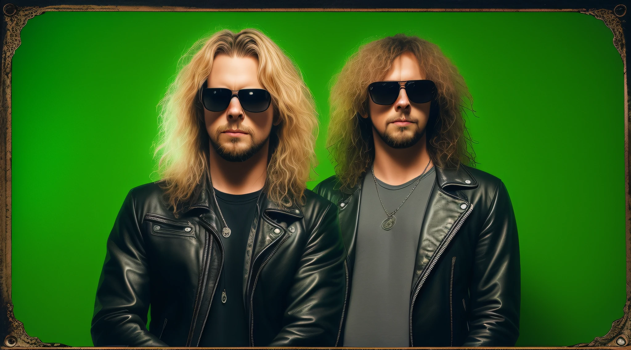 3 BLONDE BOYS LONG HAIRED, in black leather jackets and sunglasses, HALF BODY, SOFT GREEN BACKGROUND LIGHTS, posing for a photo, high quality photo, very low quality image, heavy rock band promotional photo, phosphorescent, heavy metal band promo, photo of a promotional session, very high quality, war photo, the scooter (EDM band, sinister vibe, the name of the band is Roborock