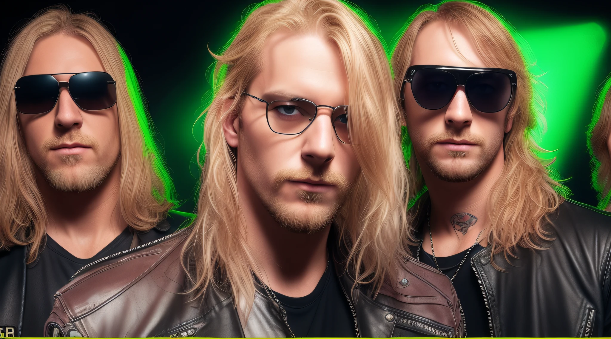 3 BLONDE BOYS LONG HAIRED, in black leather jackets and sunglasses, HALF BODY, SOFT GREEN BACKGROUND LIGHTS, posing for a photo, high quality photo, very low quality image, heavy rock band promotional photo, phosphorescent, heavy metal band promo, photo of a promotional session, very high quality,  war photo, the scooter (EDM band, sinister vibe, the name of the band is Roborock