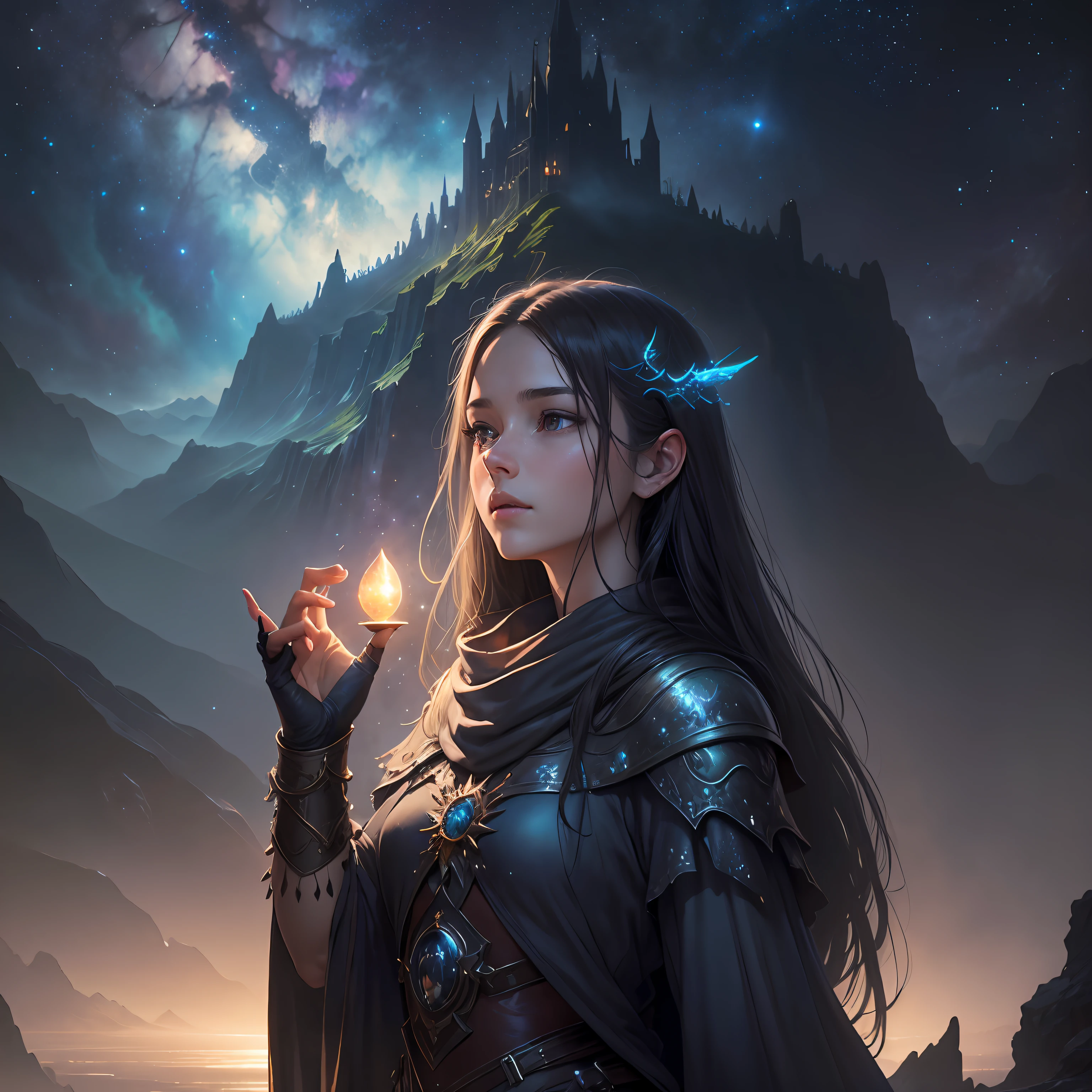 Inspired by Ted Nasmith's atmospheric art，Jessica Rosier's fantasy art，dreamy matte painting。The tranquil endless stars embodied in the official artwork，Dream painting in the ethereal realm，Concept art magic highlights，Starry sky environment in moonlight。It all takes on the feel of an epic music album cover，Intoxicating。 --auto