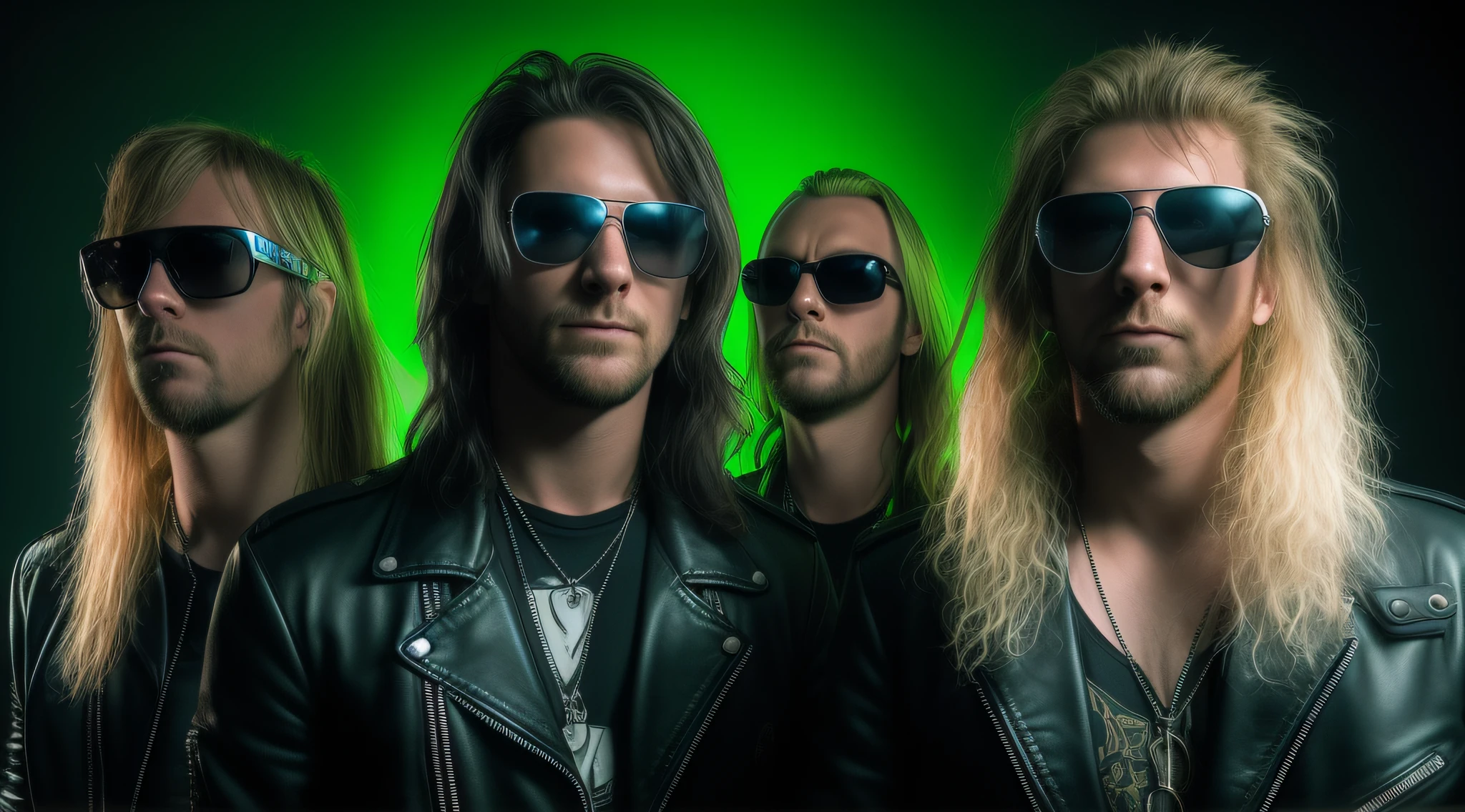 3 BLONDE BOYS LONG HAIRED, in black leather jackets and sunglasses, HALF BODY, SOFT GREEN BACKGROUND LIGHTS, posing for a photo, high quality photo, very low quality image, heavy rock band promotional photo, phosphorescent, heavy metal band promo, photo of a promotional session, very high quality,  war photo, the scooter (EDM band, sinister vibe, the name of the band is Roborock