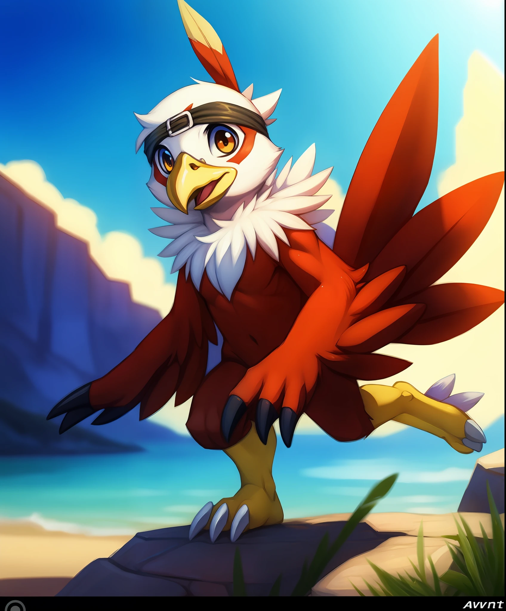 (by photonoko:0.5) (by Arthur Lismer:0.6), (by chunie:0.4) by avante92, BREAK (anime:1.2) solo,male,(biyomon,:0.7), beak, (avian:0.9), red, feathers, red body, rito, tail feathers, white feathers, yellow legs, headband, detailed background, cinematic lighting, (artistic, tastefull:1.2), 8k hd, photo, depth of field,