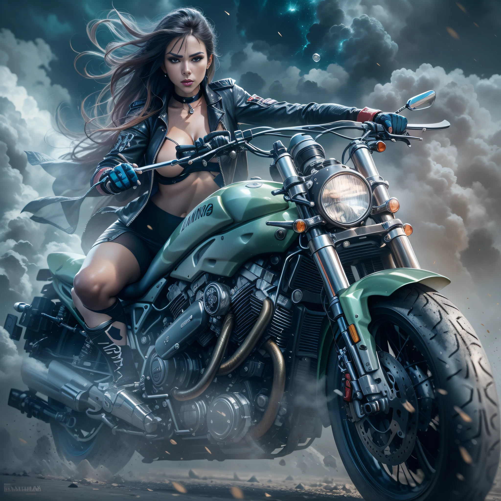 engine, fantastica, beautiful woman, Nina North style,  action poses, full body blended and melted in speed motorcycle, in a cloudy nebula, splash , liquid style. Perfect faces, amazing body, High definition 8K engine