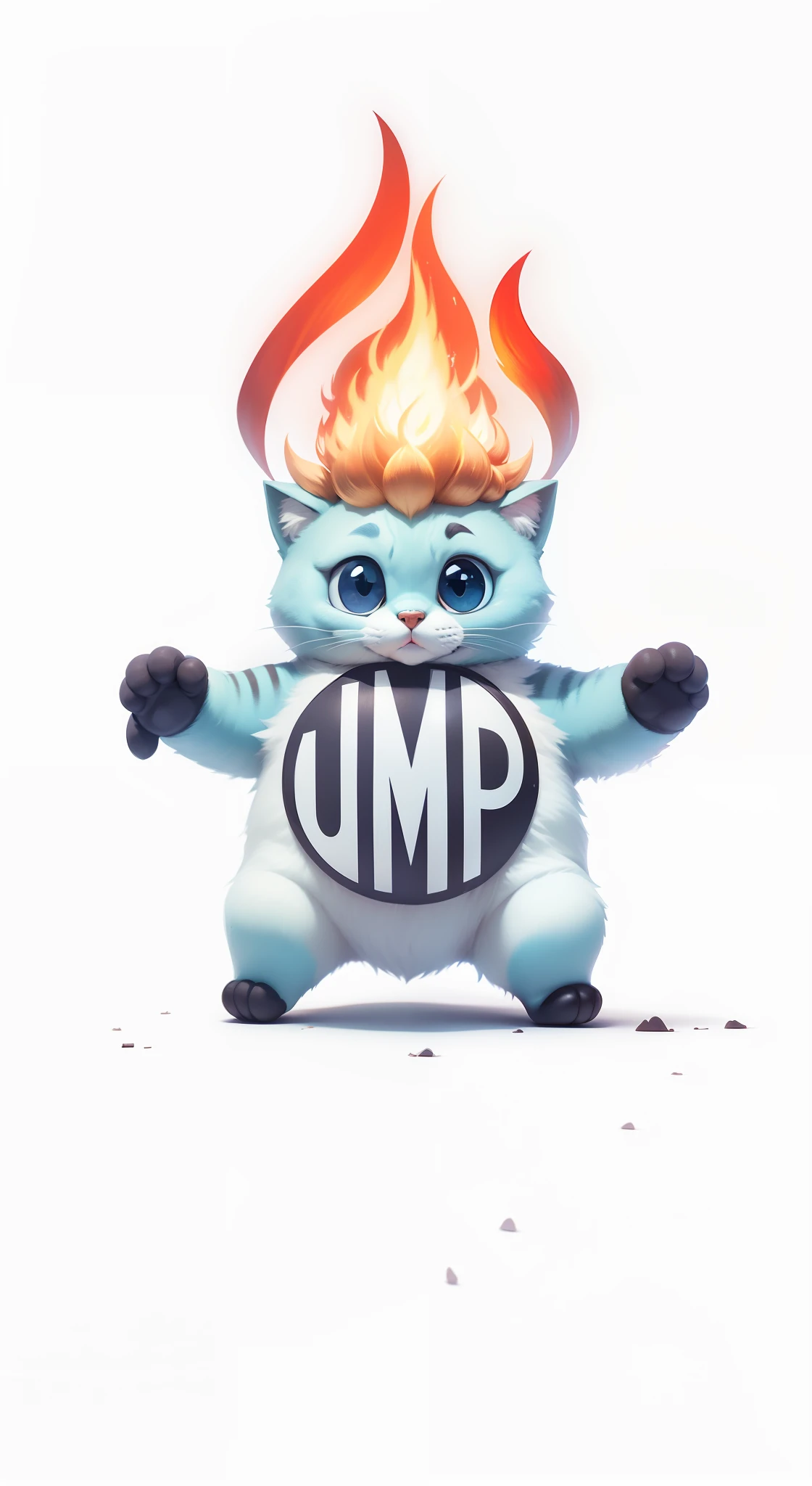 Gatinho em formato de estrela, patas abertas, cartoon, Head with fire, "UMP" escrito no peito