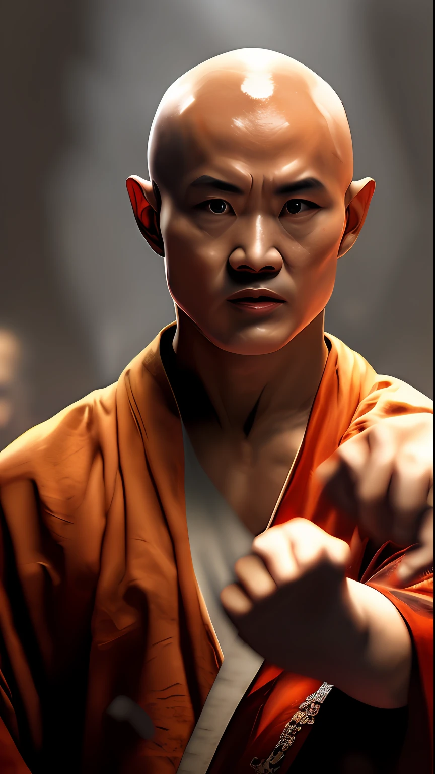 . Shaolin monk hyper - detailed, make a super power fist and destroys the world, cinematic 8k