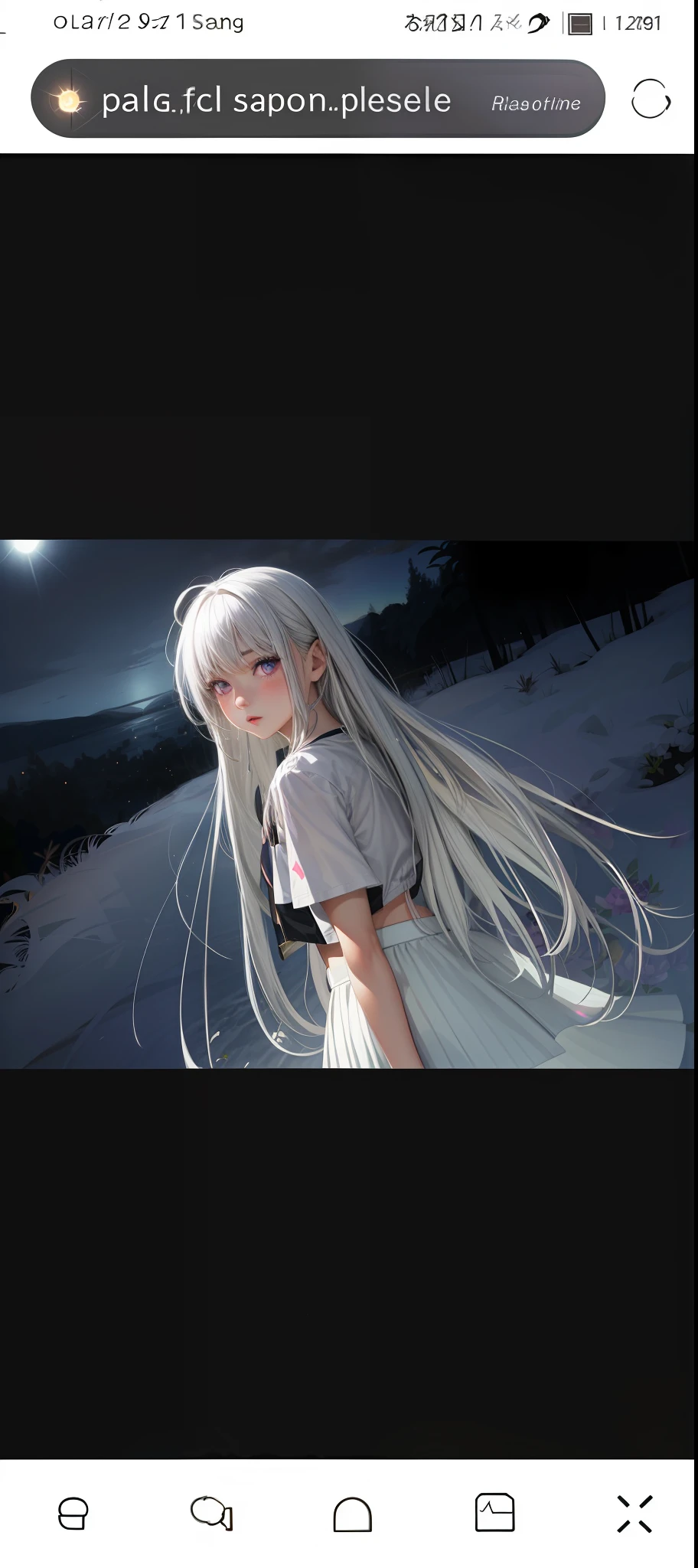 realistic, 1girl, white hair, purple eyes, glowing eyes, crop top, skirt, parted lips, blush, night, flowers, sun, sunlight,